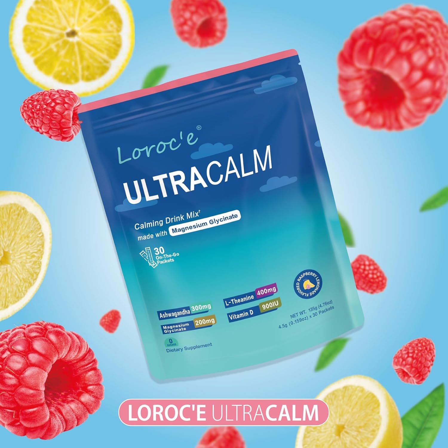 UltraCalm Super Cortisol Drink Packets with Magnesium Glycinate, Ashwagandha, L-Theanine, Vitamin D3, Calming Magnesium Powder for Relaxation & Sleep, Raspberry Lemonade, No Sugar(30 Servings) - Image 9