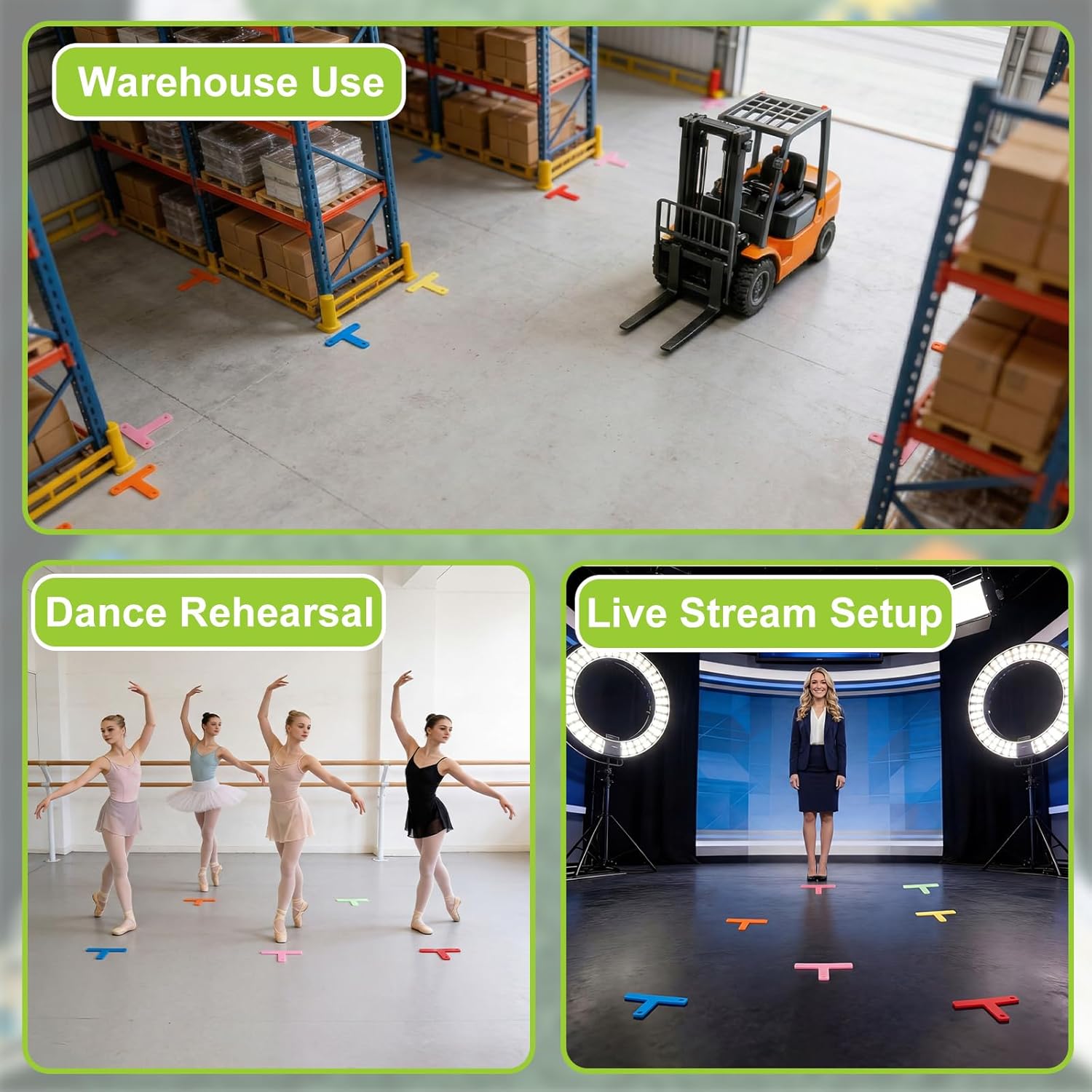 Affrolling 6 Colors High Visibility Silicone T Marks Set for Actor Stage Walk, Camera T Marker, Including 2 Fluorescent, Non Slip for Photography Positioning Stage Catwalk Shooting (T Shape)