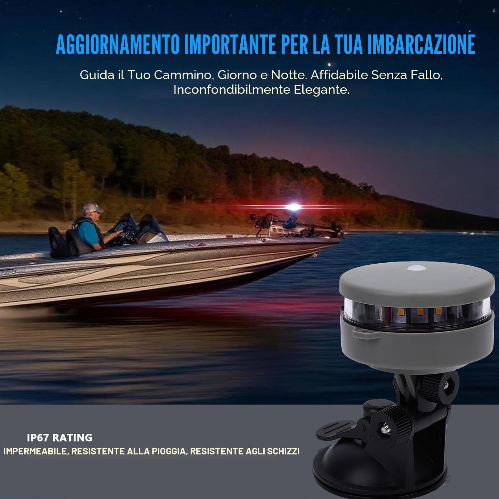 Luce di navigazione per barca Vikye, lampada LED a batteria da 55 LM con base a ventosa e visibilità di 2 NM, per kayak, canoa e tavola da paddle