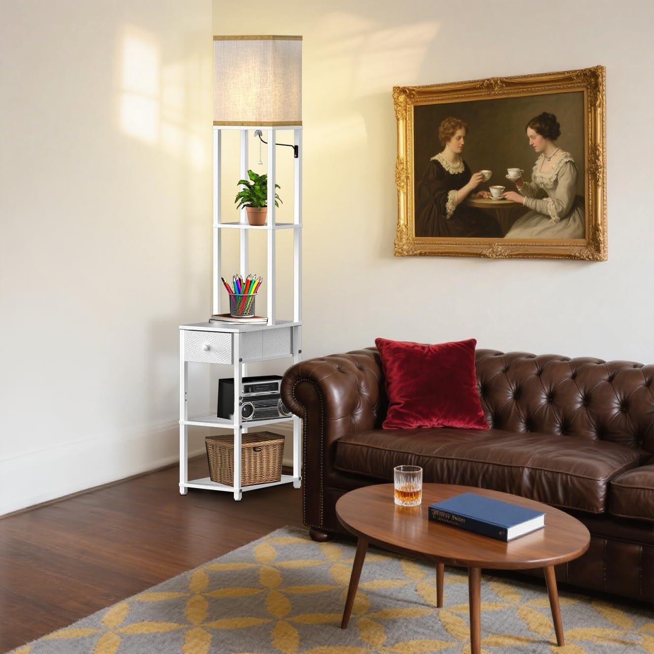 Lightdot Floor Lamp with Shelves&Drawer, Modern Sofa Lamp with Off-White Fabric Lampshade, Display Corner Floor Lamp with Storage Table for Living Room, Bedroom and Office-White-F