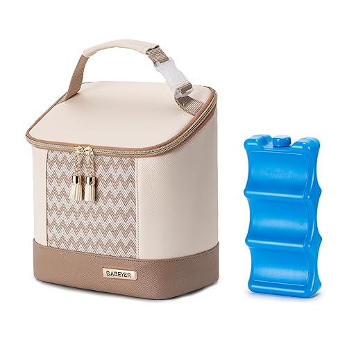 Miniatura 1 de BABEYER Bolsa enfriadora de leche materna con bolsa de hielo para 3 biberones de hasta 9 onzas, bolsa de cuero vegano para bomba de leche materna,