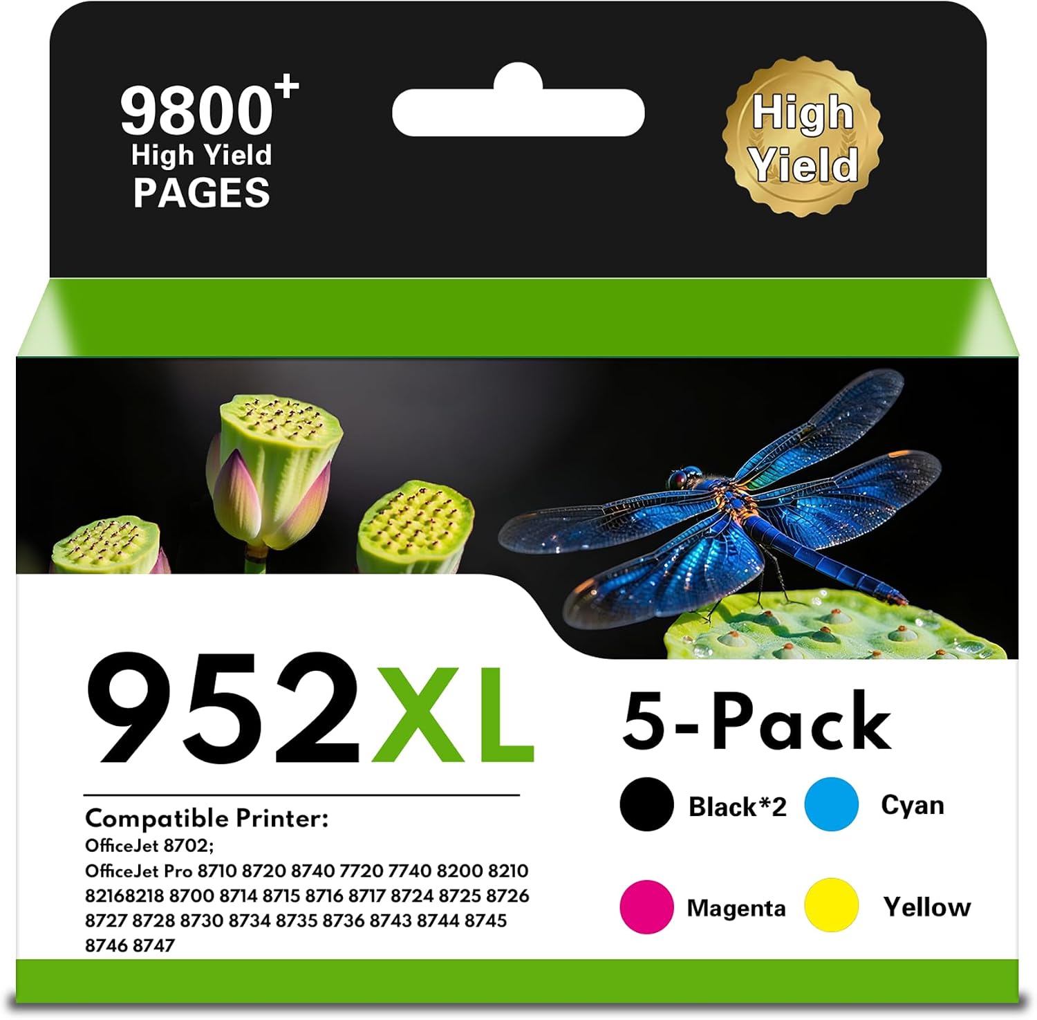 952XL Ink Cartridges Black Color Combo Pack Replacement for HP 952XL 952 XL Ink Cartridge for Officejet Pro 8710 8720 7740 7720 8702 8210 8715 8740 8725 Printer (5-Pack, 2Black/Cyan/Magenta/Yellow)