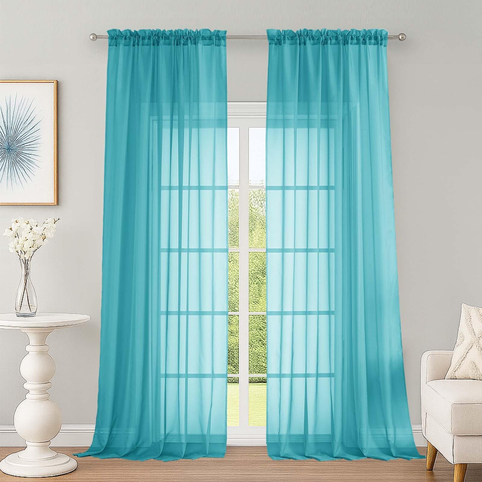 OWENIE Extra Long Turquoise Sheer Curtains 96 Inches Long 2 Panels Set, Soft Lightweight Airy Voile Sheer Curtain for Bedroom Living Room, Rod Pocket Solid Color Farmhouse Curtains, 59" Wx96 L Inch