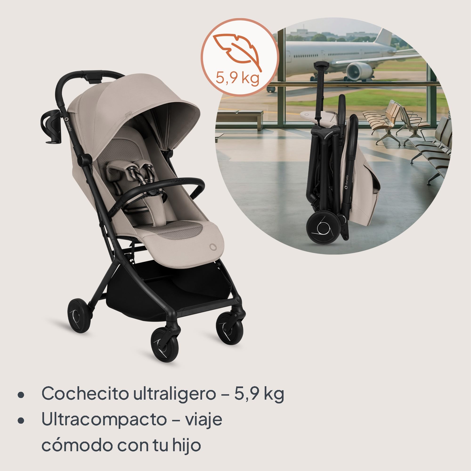 Lionelo Sia Silla de Paseo Ligera y Ultracompacta para Viaje, hasta 22 kg, Ultraligera 5,9 kg, Respaldo Reclinable Tumbado, Capota XXL Impermeable UPF50+ Impermeablee, Mosquitera, Hebilla magnética | Respaldo reclinable, capota XXL UPF50+, ruedas amortigu