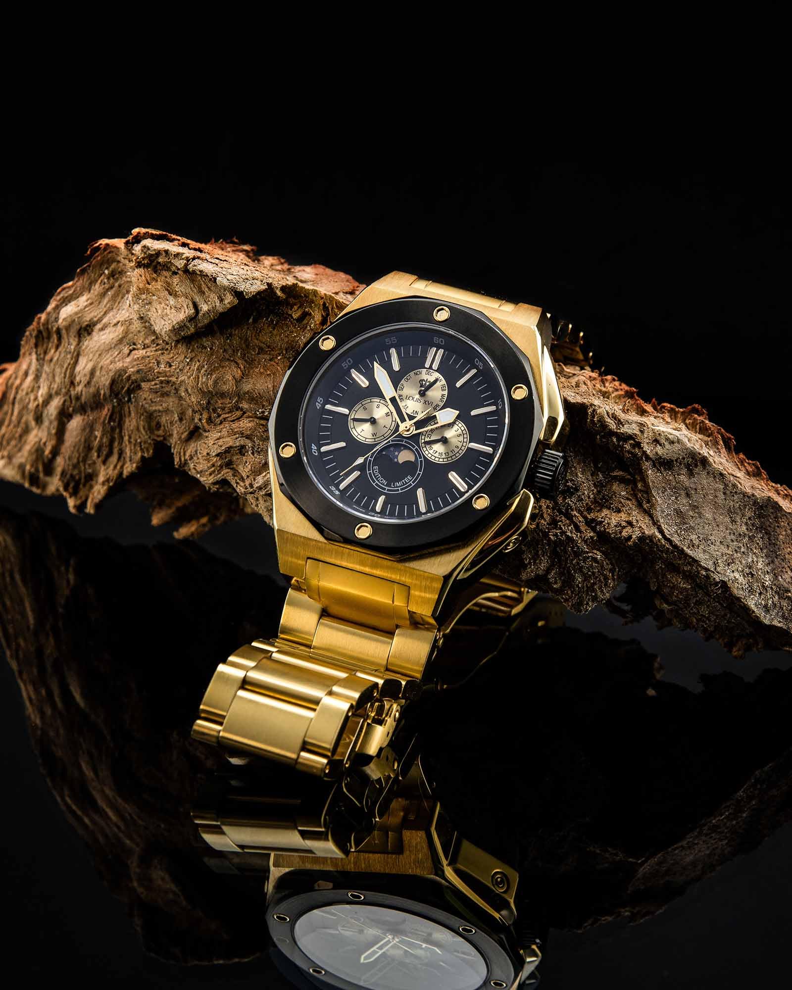 LOUIS XVI Herren-Armbanduhr Le Souverain Stahlband Gold Schwarz Mondphase Analog Quarz Edelstahl 626