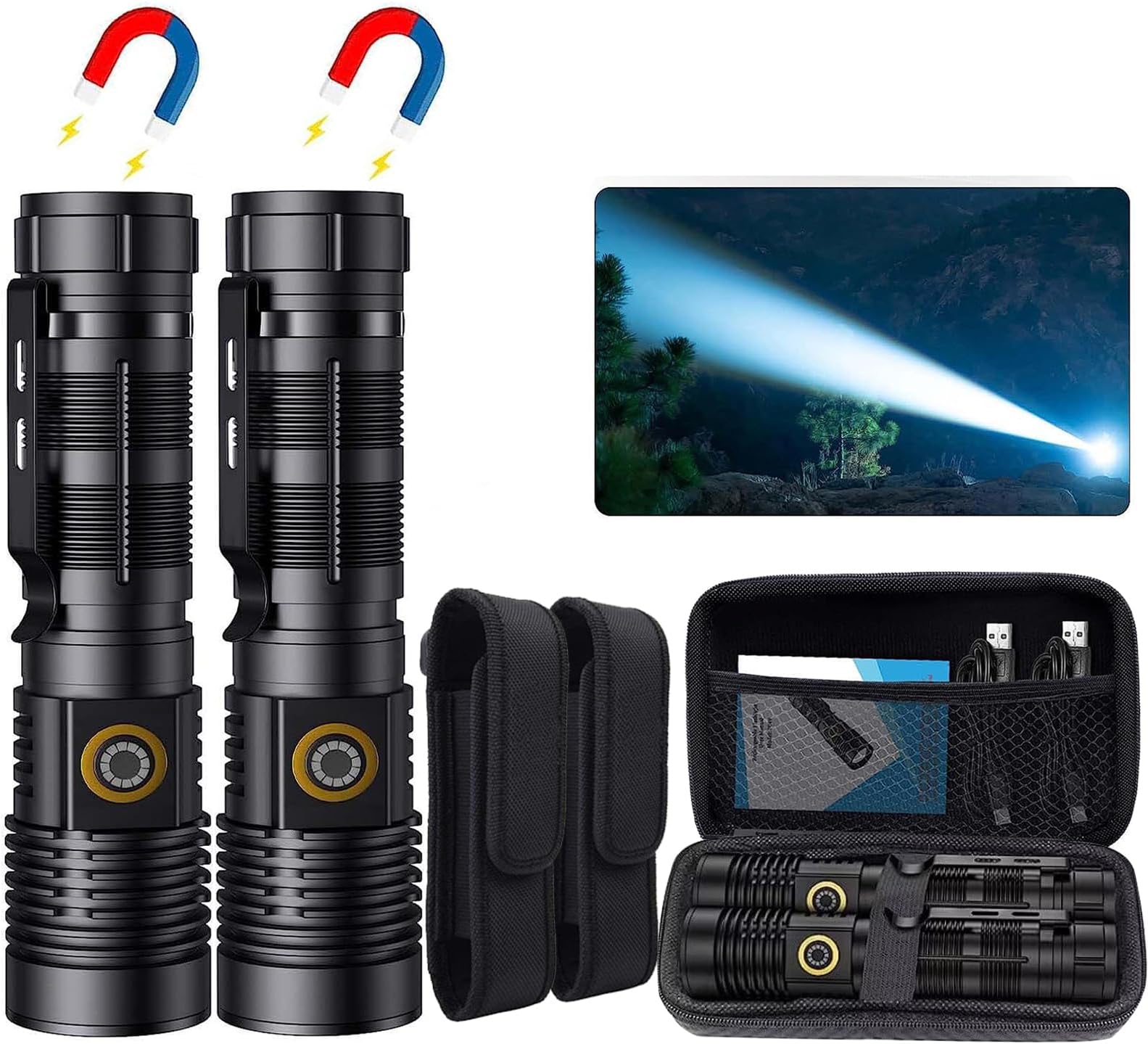 Rechargeable Magnetic Flashlight 20000 Lumens - 1500m Long Beam Super Bright LED Tactical Flashlight with Holster USB Zoomable 5 Modes for Camping