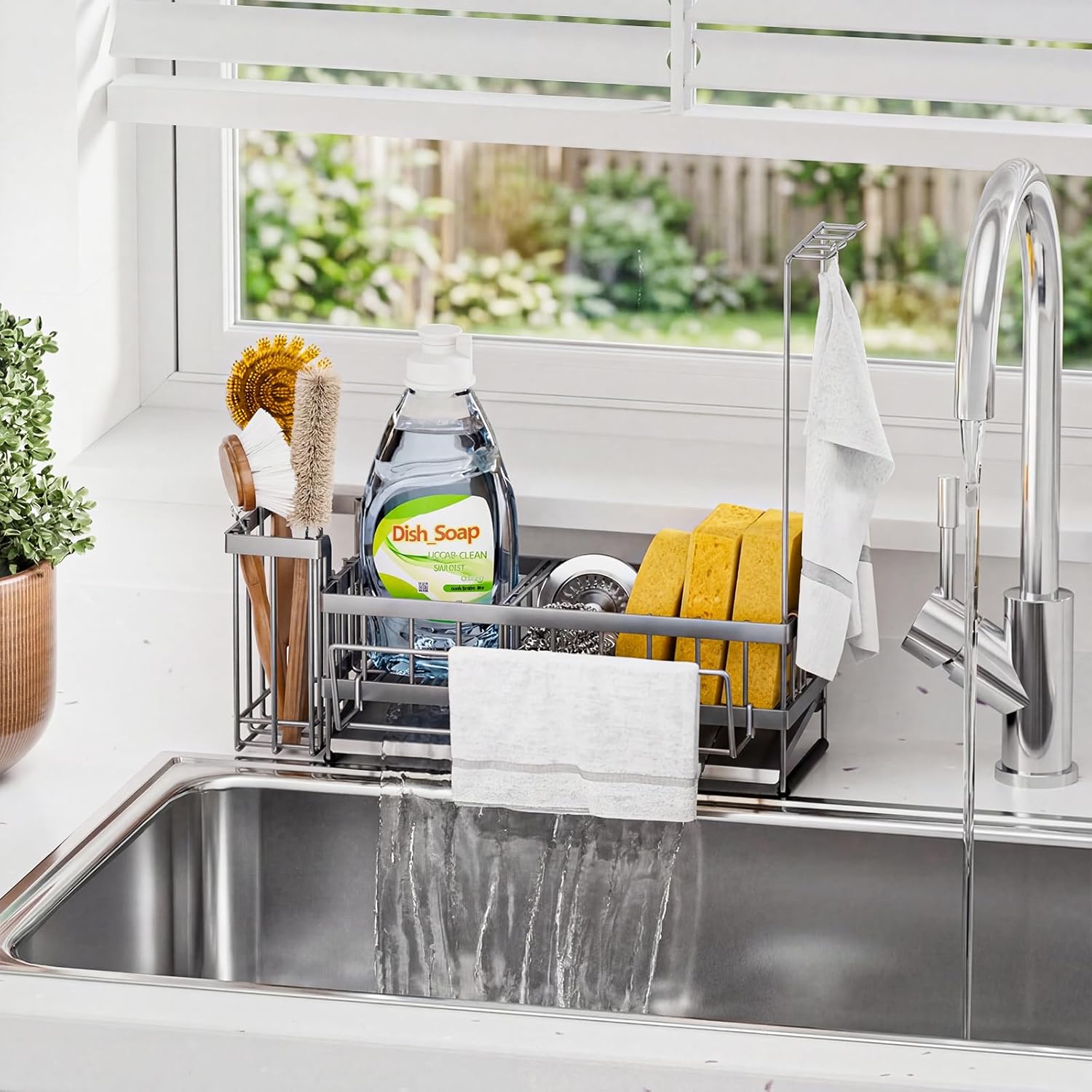 Sponge Holder for Kitchen Sink – Rustproof Stainless Steel with Detachable Drainboard, Brush Rack & Towel Bar | Compact, Non-Slip Design for Countertop Bathroom