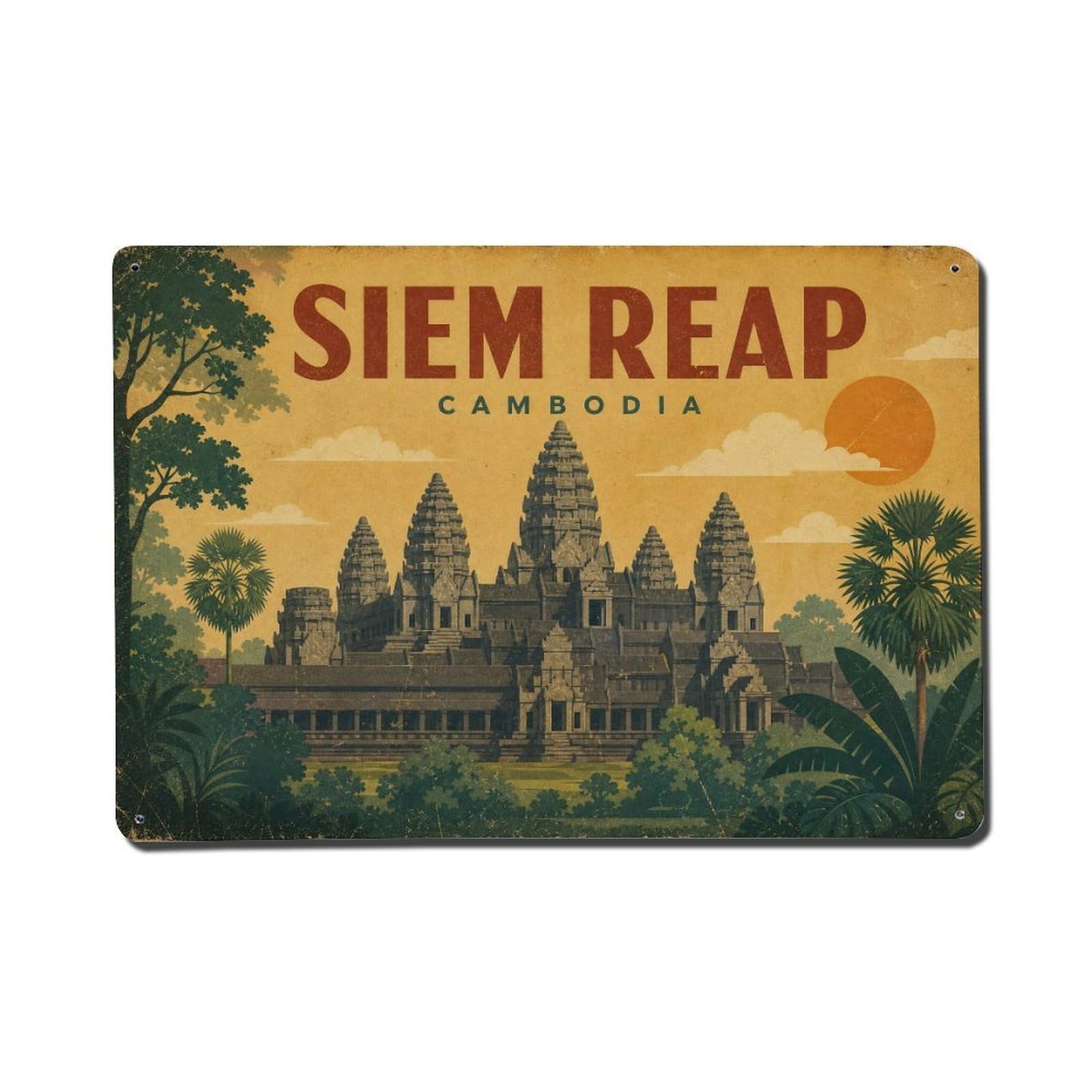 Vintage Travel Cambodia Siem Reap Metal Tin Sign Plaque Wall Decor for Cafe, Club Bar, Office, Garden Metal Poster 8x12Inch