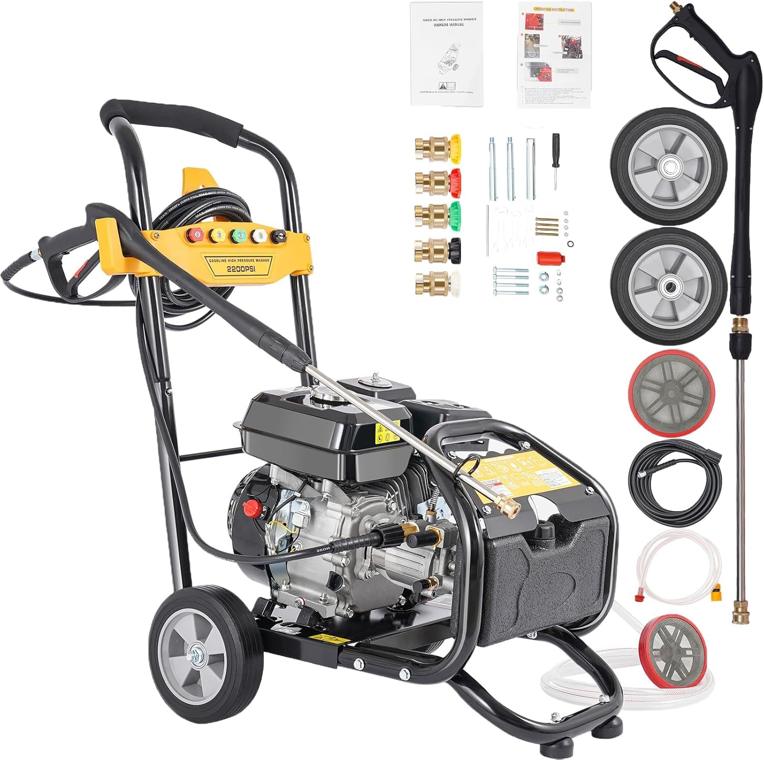 Limpiador a presión de gasolina de 7,5 CV con 5 boquillas seleccionables, limpiador a presión de 170 bar | Velocidad nominal de 3400 rpm, 540 l/h, caudal de ruedas robustas, cabezal de bomba de latón para terraza, coche y jardín