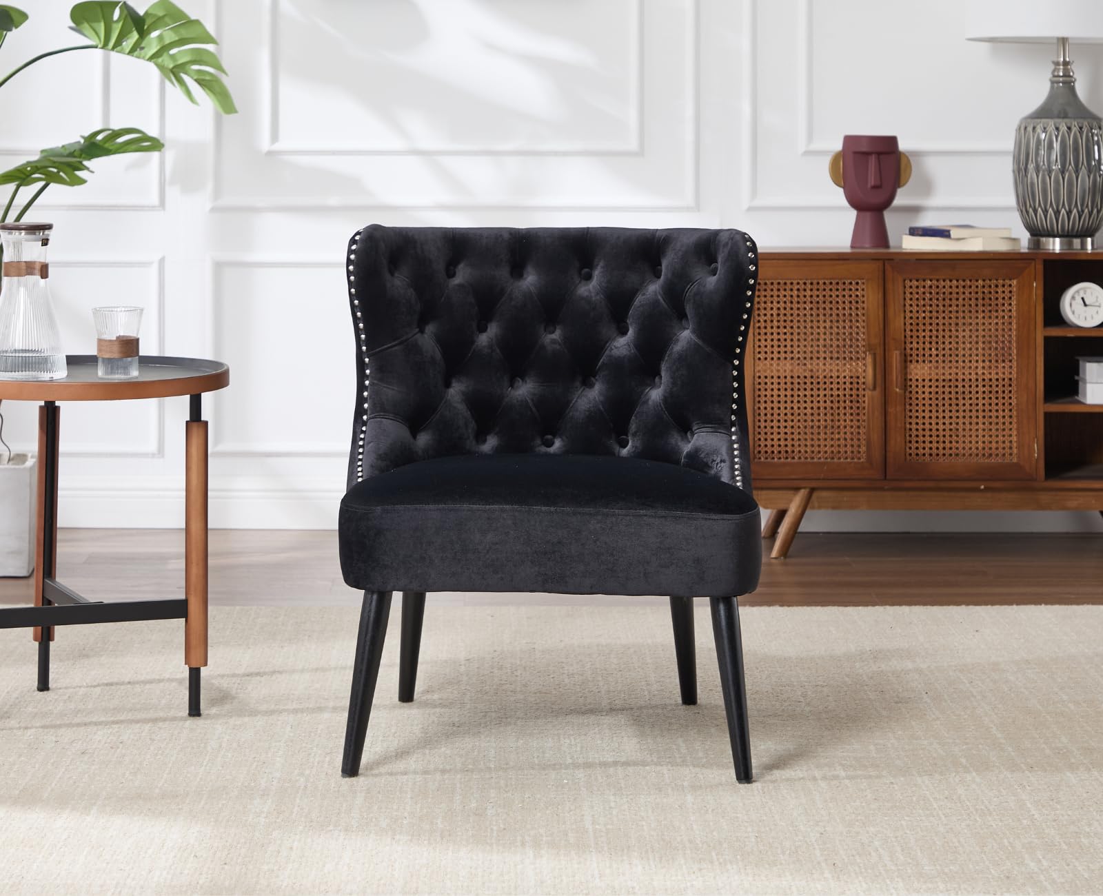 chairus Ohrensessel Samt Sessel Wohnzimmer Relaxsessel mit Holzbeinen Loungesessel Schlafzimmer Arbeitszimmer, Schwarz