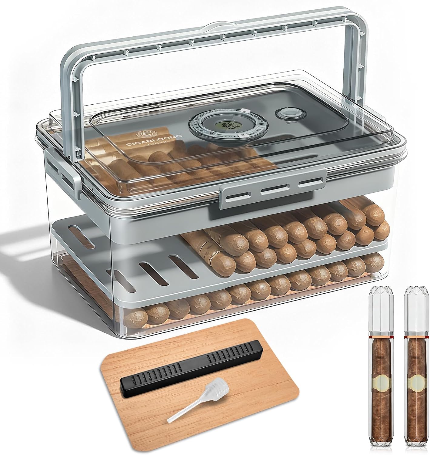 CIGARLOONG Cigar Humidor, Full Transparent Cigar Box with Humidifier and Hygrometer, 2 Cigar Travel Cigar Case Tube, Cedar Wood Lining & 3-Layer Large Capacity for 120 Counts