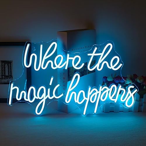 Letrero de neón con texto en inglés "Where The Magic Happens" con luz LED azul hielo para decoración de pared, letras alimentadas por USB, luz de