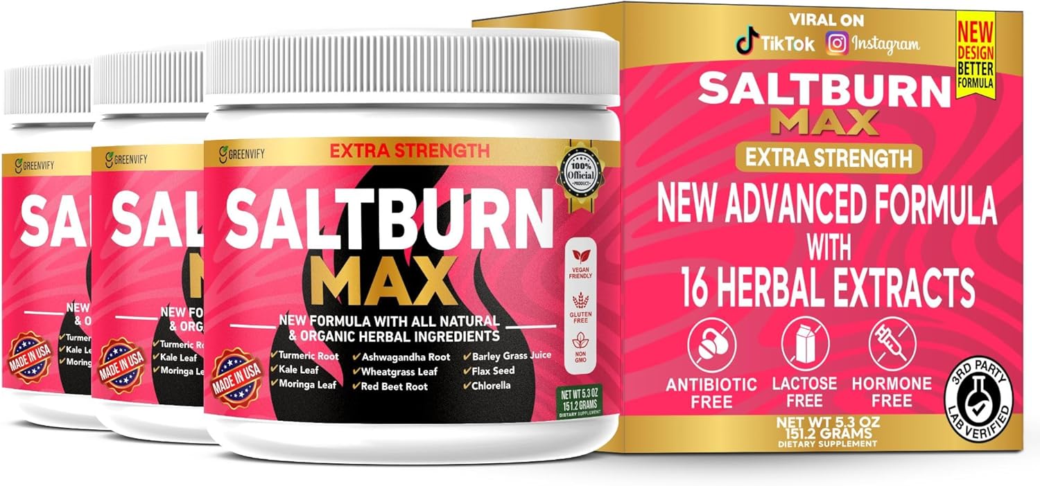 SaltBurn Max Extra Strength Natural Supplement with Organic Herbal Ingredients, Turmeric, Moringa, Wheatgrass, 28 Servings, 6.3 oz (3)