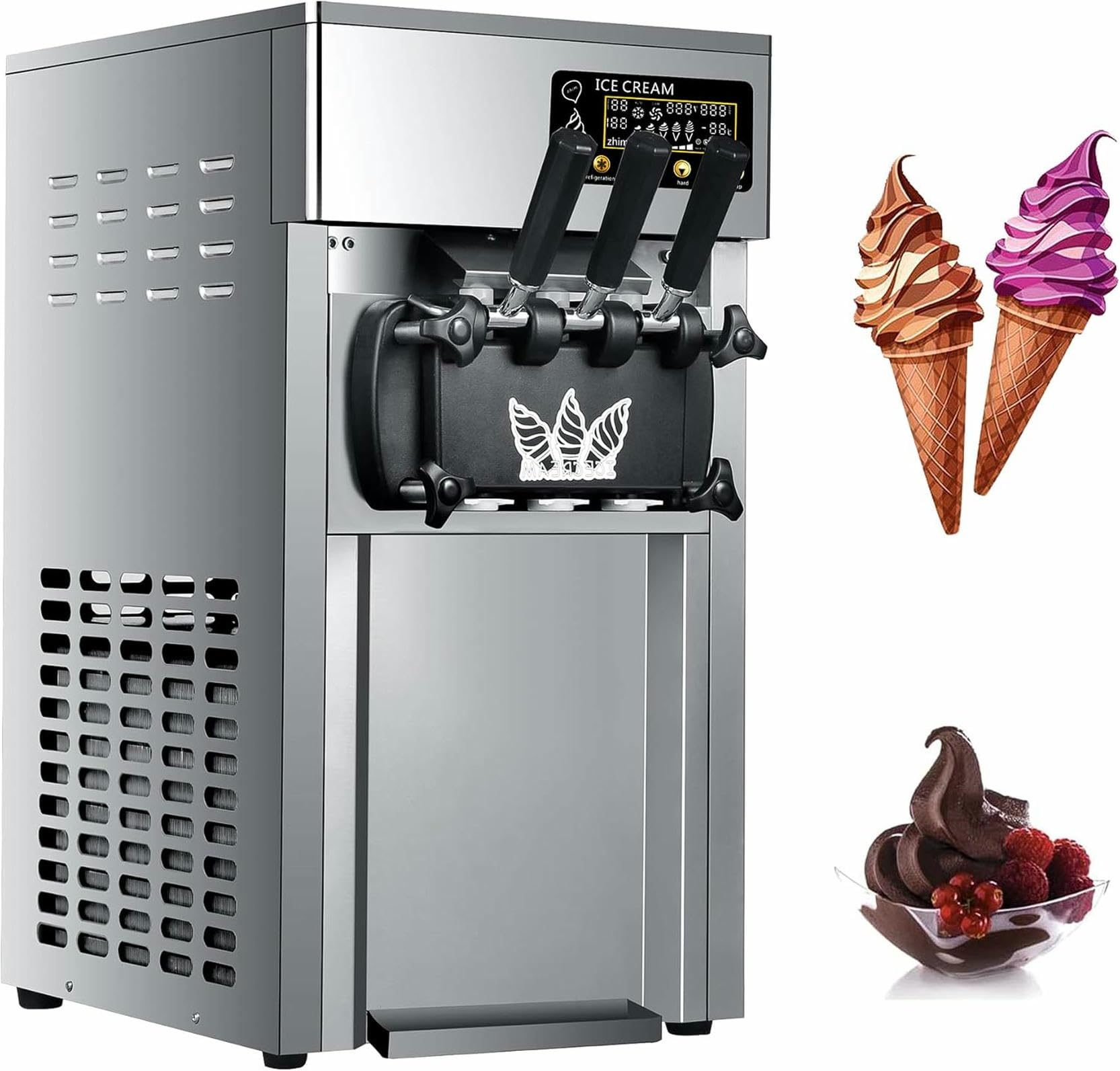 Commercial Ice Cream Maker 3 Flavor Stainless Steel Ice Cream Machine 1200W Soft Ice Cream Machine with LCD