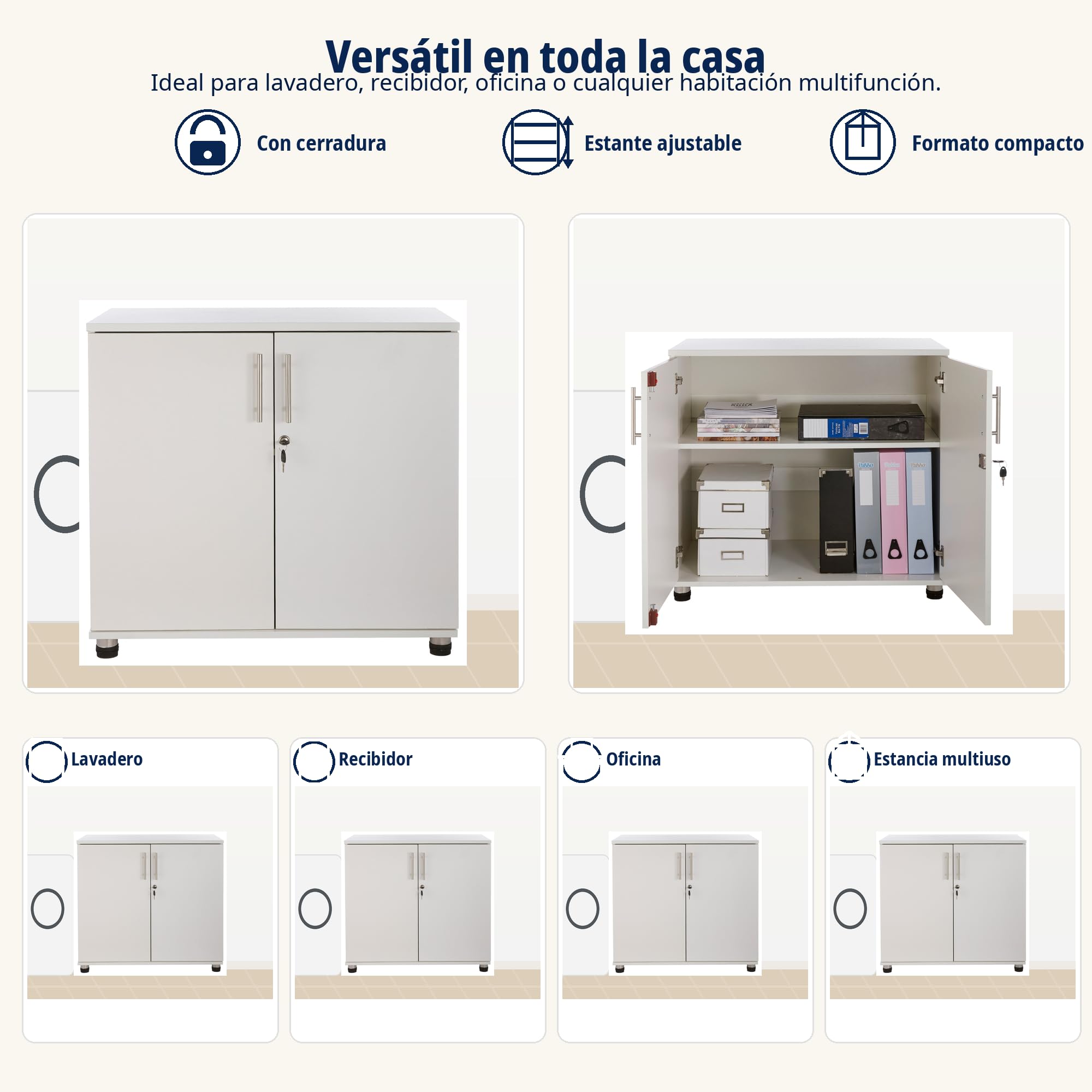 MMT Armario Blanco Para Oficina En Casa, Armario Multiusos Con Estanteria Con Puertas, Archivador De Documentos Con Bloqueo De Llave, 2 Estantes, 80x40cmx75 Centimetre, Madera Blanca