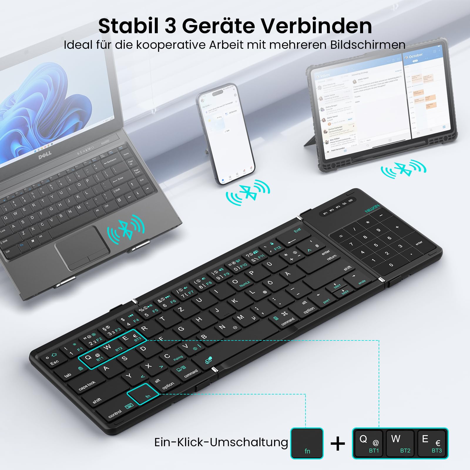 Nillkin Faltbare Bluetooth Tastatur mit Touchpad, Wiederaufladbare QWERTZ-Klapptastatur mit Ziffernblock, Tragbare Mini-Tastatur für iPad, iOS, Android und Windows Laptop & Tablet, Leder-Schwarz