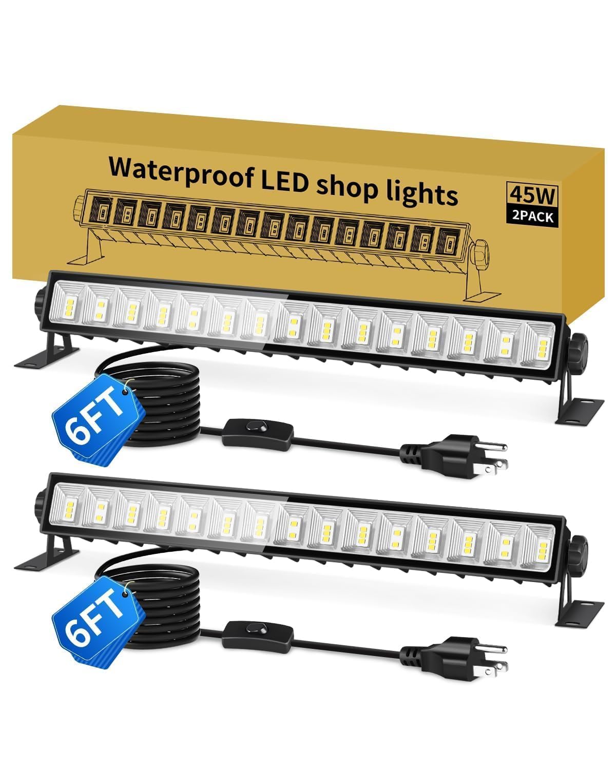 THECHAM IP66 Waterproof 45W LED Shop Lights, 5400LM 6000K Daylight White Garage Light with 6FT Power Cord & Switch, Plug in LED Work Light for Garage,