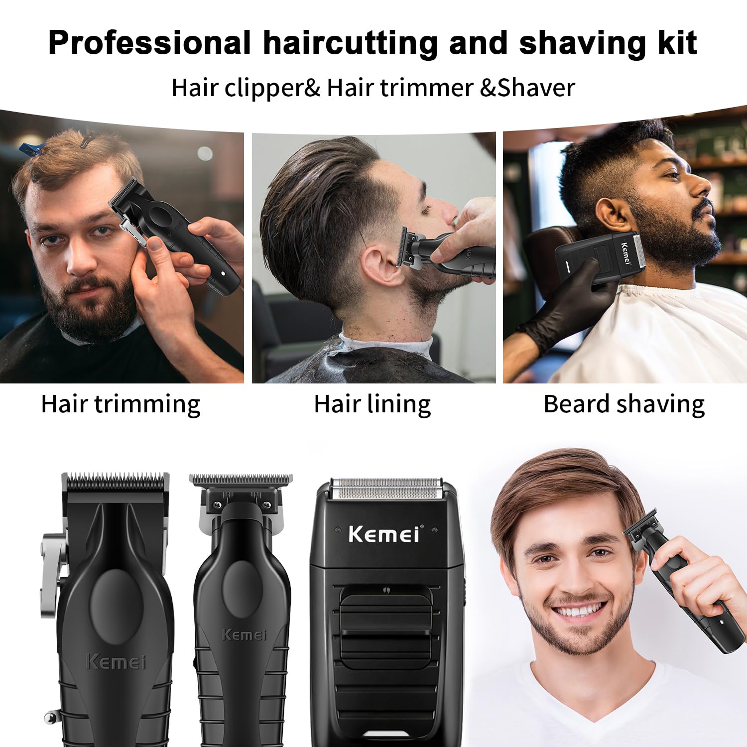 KEMEI Professionelle Haarschneidemaschine für Männer, Schnurlose Haarschneider Barttrimmer Folienrasierer Set, Zero Gapped T-Klinge Haartrimmer, Wiederaufladbare Elektrische Haarschneide-Kit