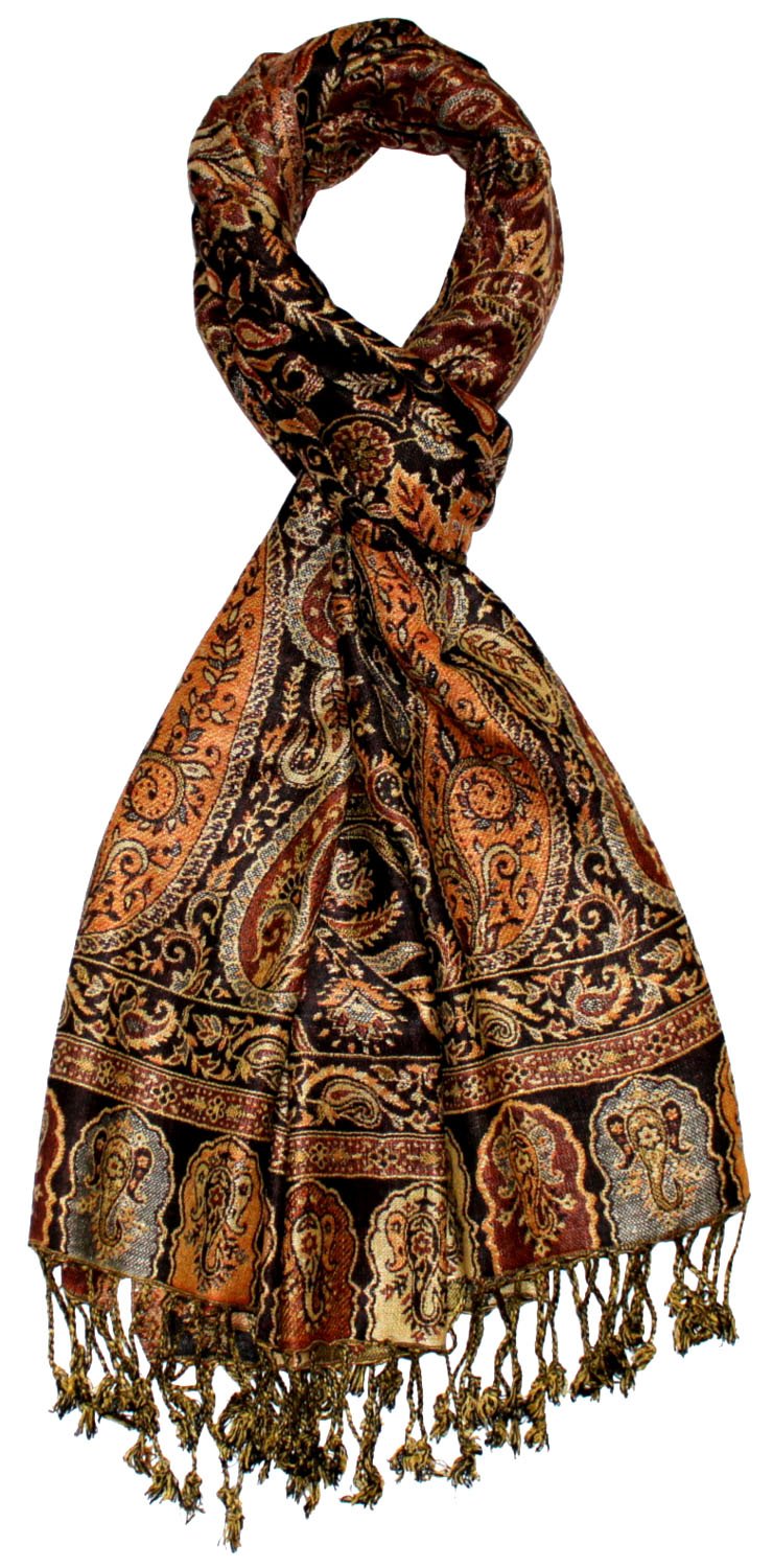 Lorenzo Cana Marken Damenpashmina Schal Schaltuch Stola Umschlagtuch Naturfaser opulentes Muster in harmonischen braun Farben mit Fransen 70 cm x 200 cm - 78166