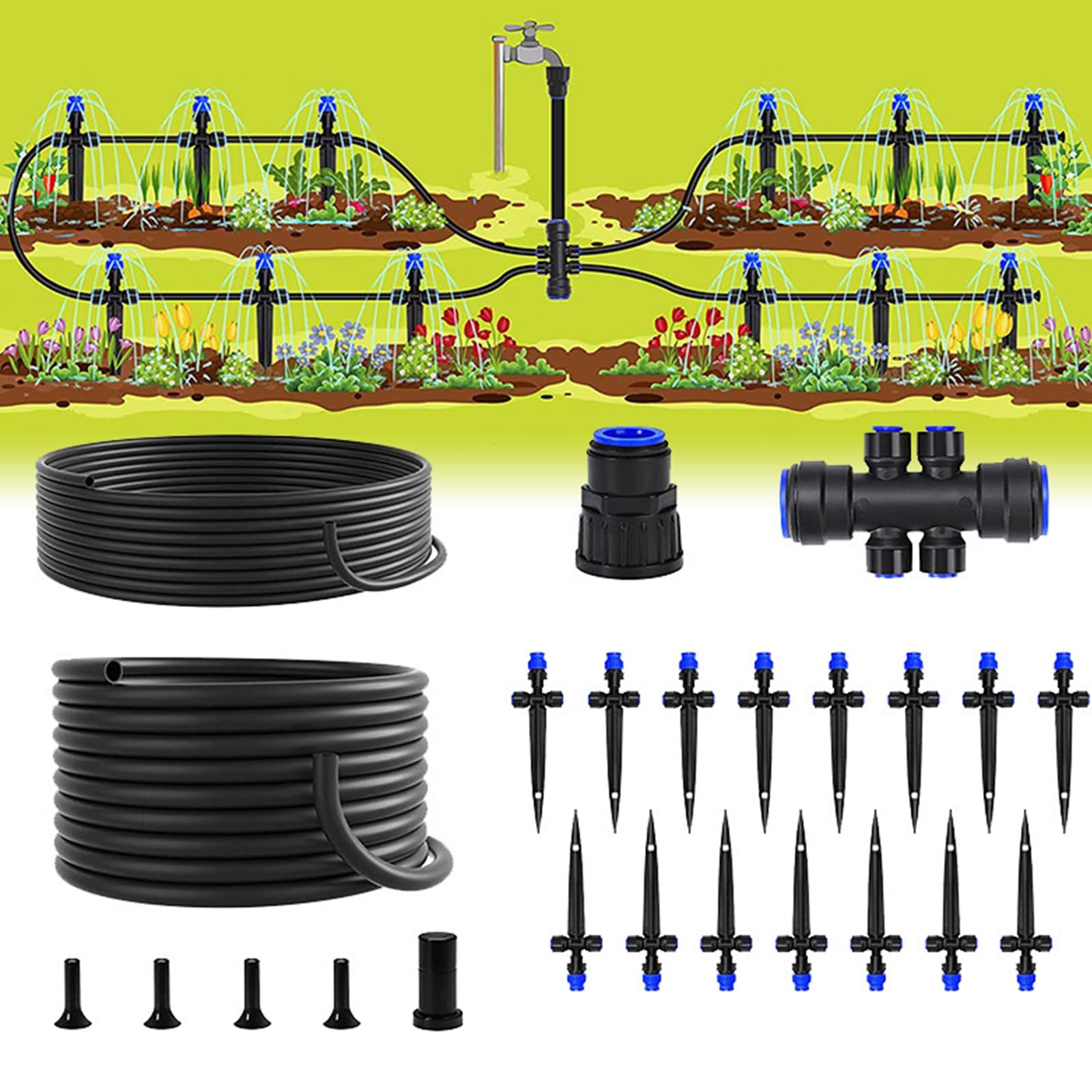 Sistema de riego de jardín, kits de riego por goteo de 59 pies para plantas, nuevo conector rápido, tubo de distribución en blanco, equipo de riego automático de ahorro de agua para patio, césped