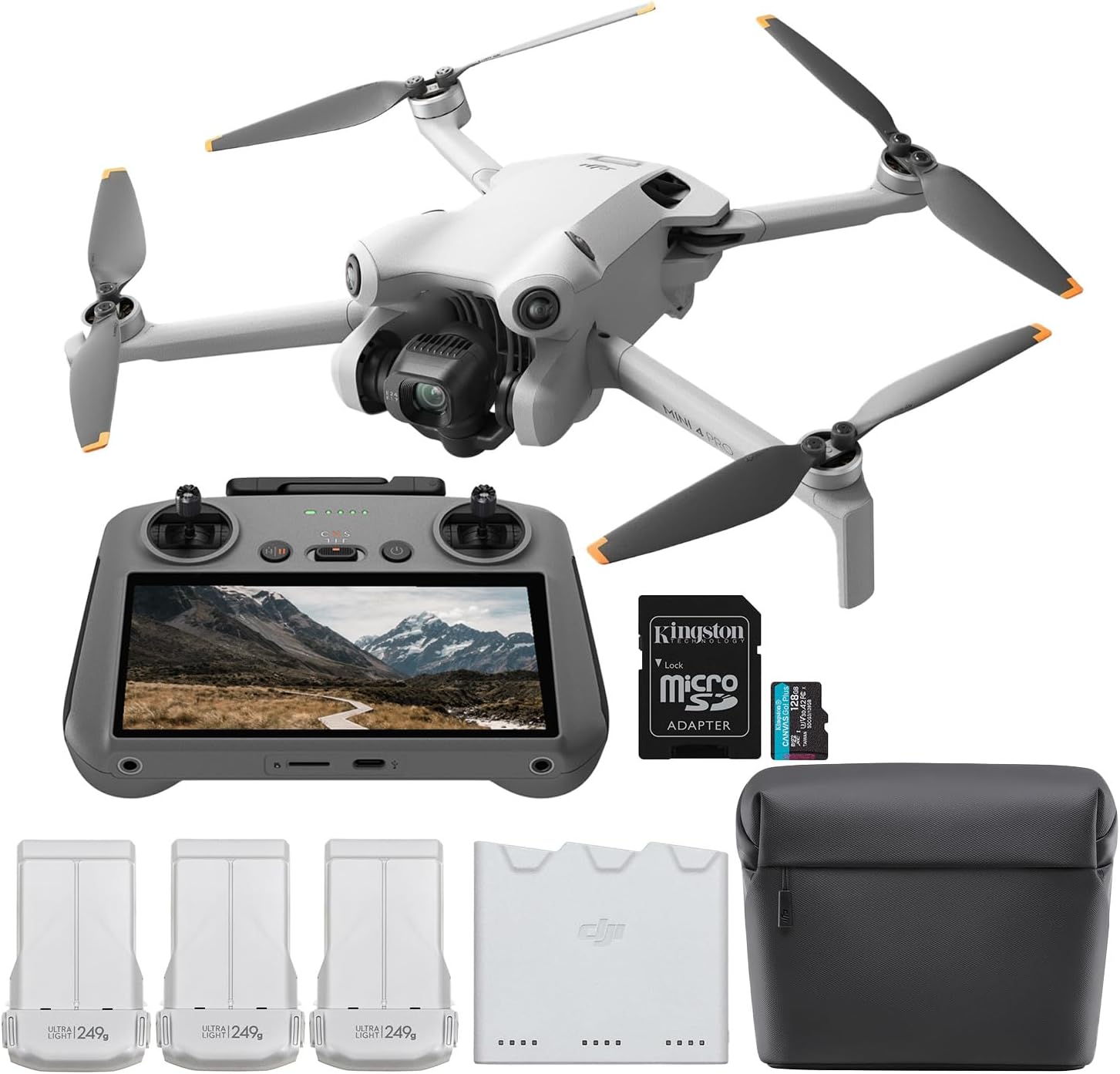 DJI Mini 4 Pro Fly More Combo (DJI RC 2) Drone with 128GB Memory Card- Lightweight and Foldable Mini Camera Drone with 4K HDR Video, True Vertical Shooting, and Intelligent Features (2 Items)