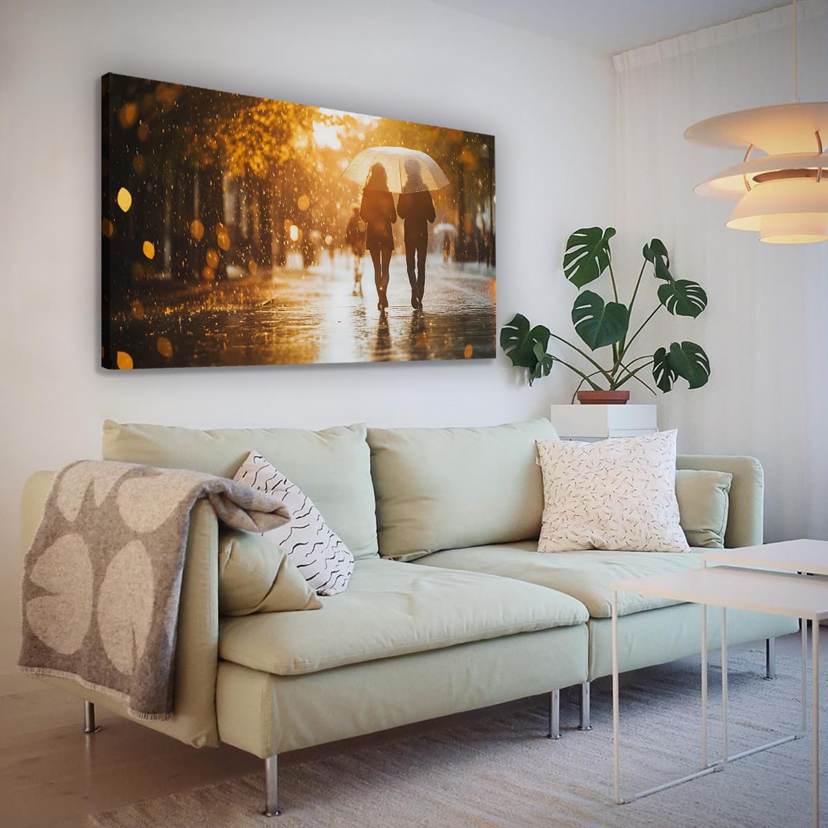 YUNART Jesienne rozciągnięte płótno ścienne do sypialni Romantyczna para spacerująca w deszczu Grafika do salonu Sypialnia dom gotowy do powieszenia 70 x 120 cm Rama wewnętrzna