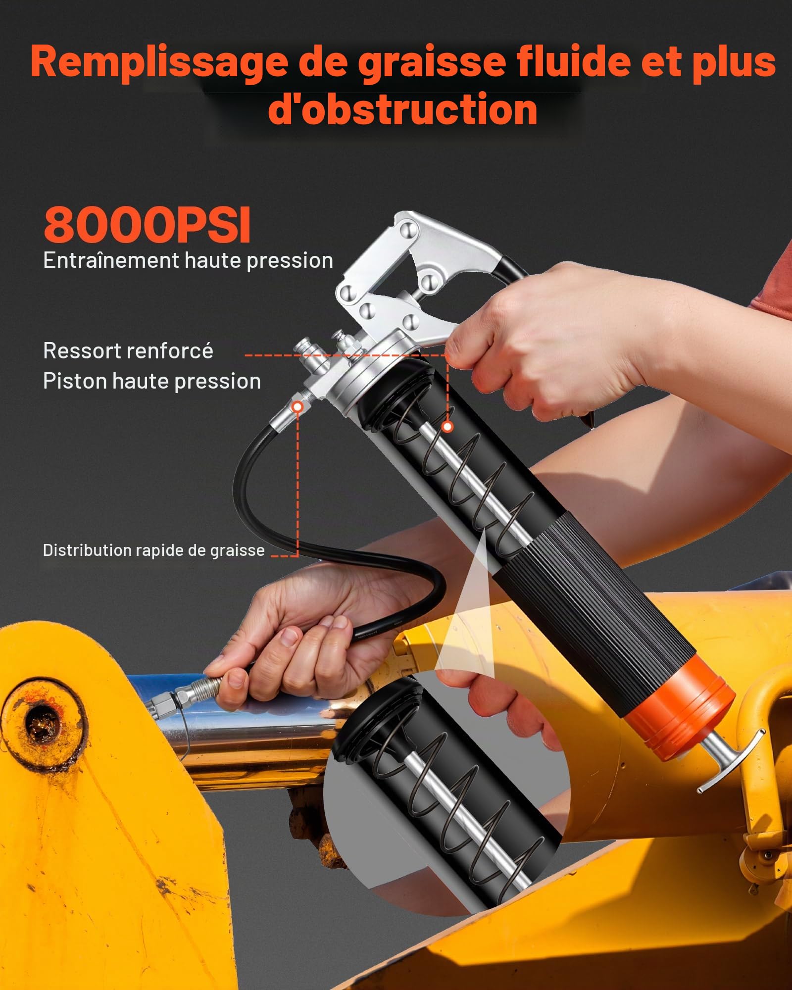 VEVOR Pistolet à Graisse Manuel 551 bar Pistolet Graisseur Poignée 0,4 L pour Machines Automobiles Agricoles Industrielles, Flexible 45,7 mm Raccord de Graisseur Tube d'Extension Rigide 1 Buse Pointue