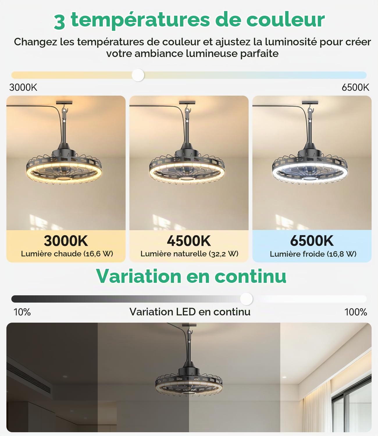 Ventilateur Plafond avec Lumière 52cm, IP65 Étanche Moteur DC