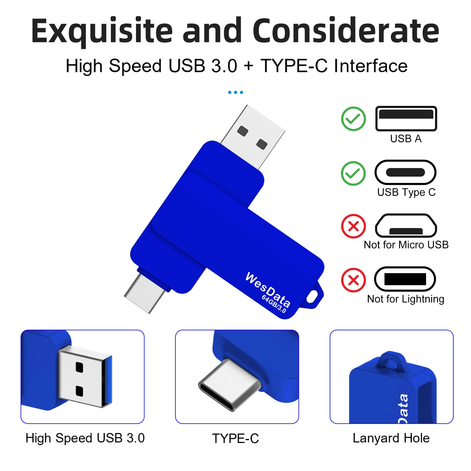 Chiavetta USB C da 64 GB 3.0 con porta di tipo C e tipo A, unità USB C per archiviazione e backup per iPhone 15, telefoni Android con funzione OTG, laptop, MacBook, PC (blu)