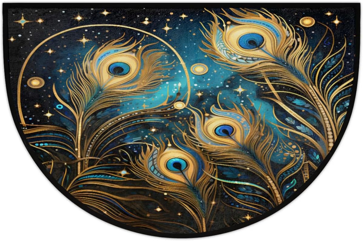 Peacock Feather Funny Half Round Door Mat Non-Slip Absorbent Entrance Welcome Mat for Indoor Washable Semi Circle Floor Mats Area Rugs for Home Kitchen Patio 36x24 Inch