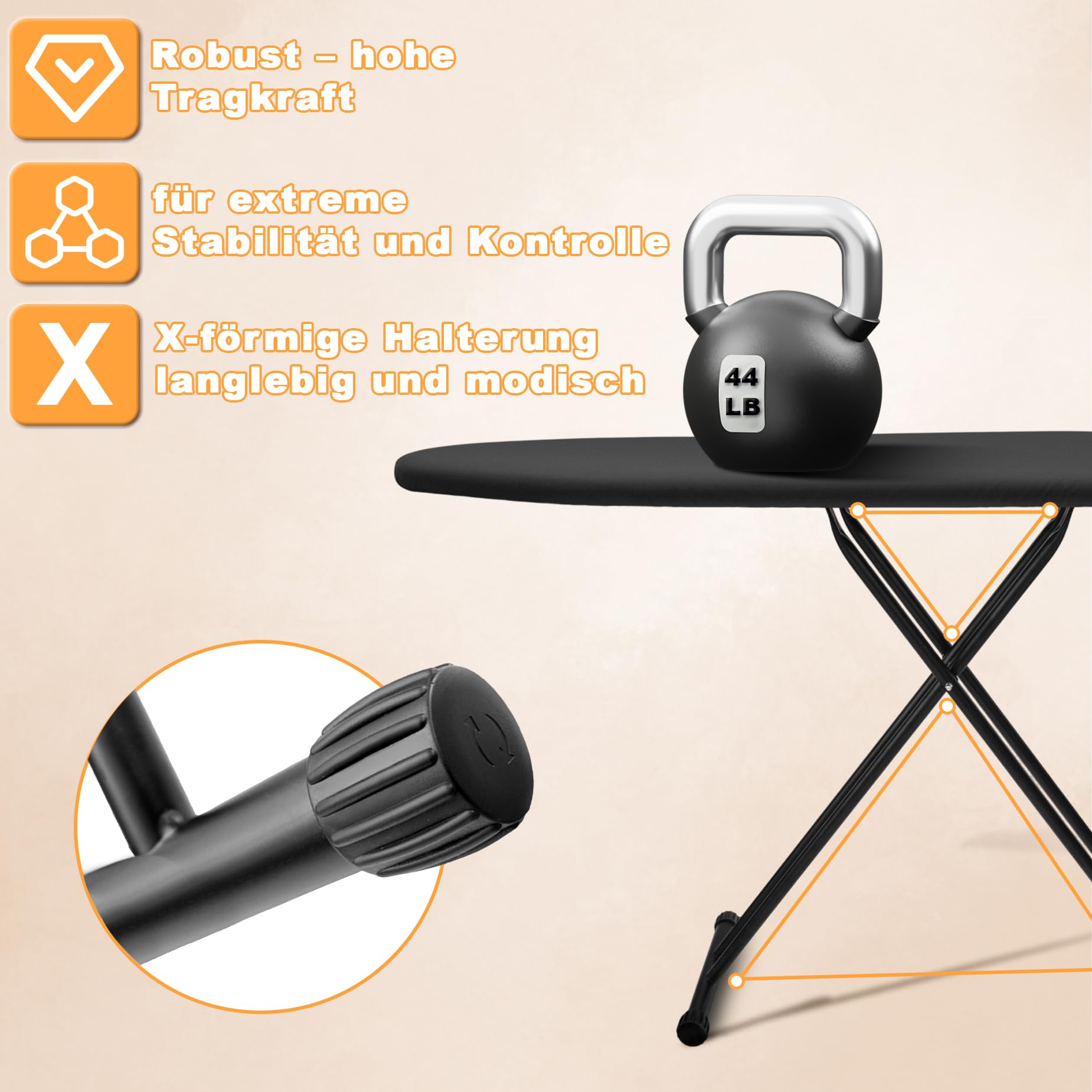 Planche à repasser pliable de luxe VIOFOTT - Hauteur réglable de 65 à 95 cm - Convient à la plupart des centrales vapeur - Dimensions : 120 x 34 cm