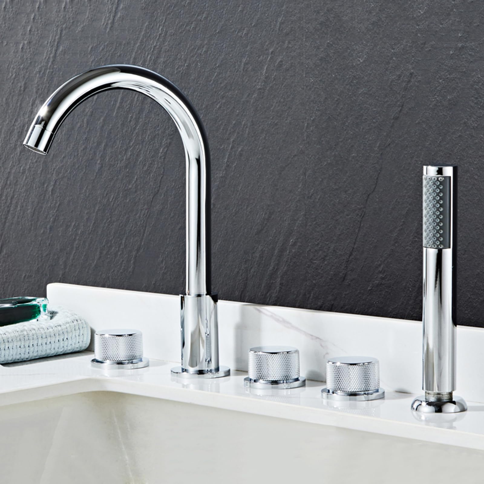 NZPOST 5 Hole Bath Tap Set Chrome Bath Mixer Taps with Shower with Diverter 360 Rotating Spout Gooseneck T