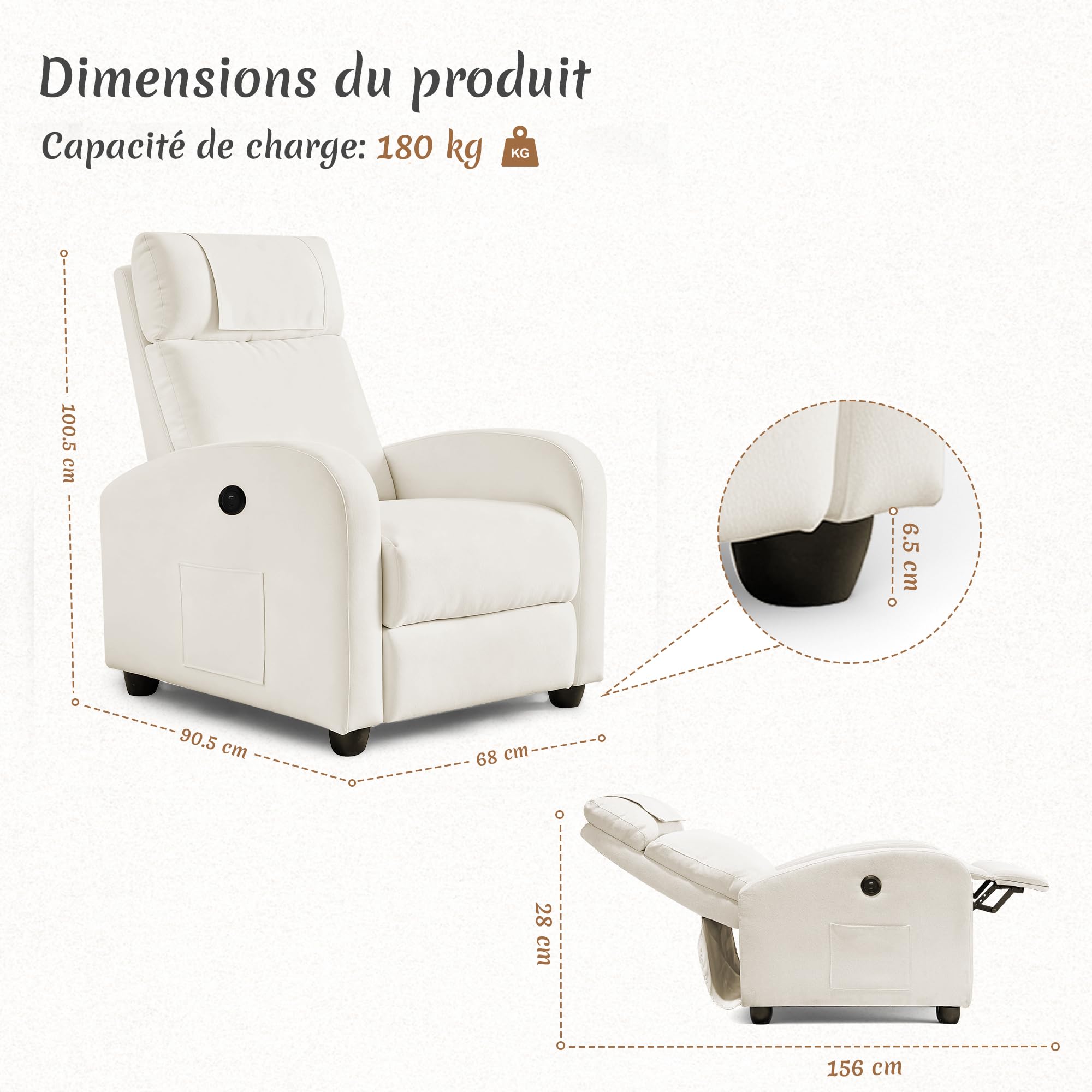 BonVoche Fauteuil Relax, Fauteuil Détente avec Ports de Chargement USB & Type-C, Dossier et Footstool Réglables, Siège Individuel pour Salon, Chambre, Bureau, Tissu Lin, Beige