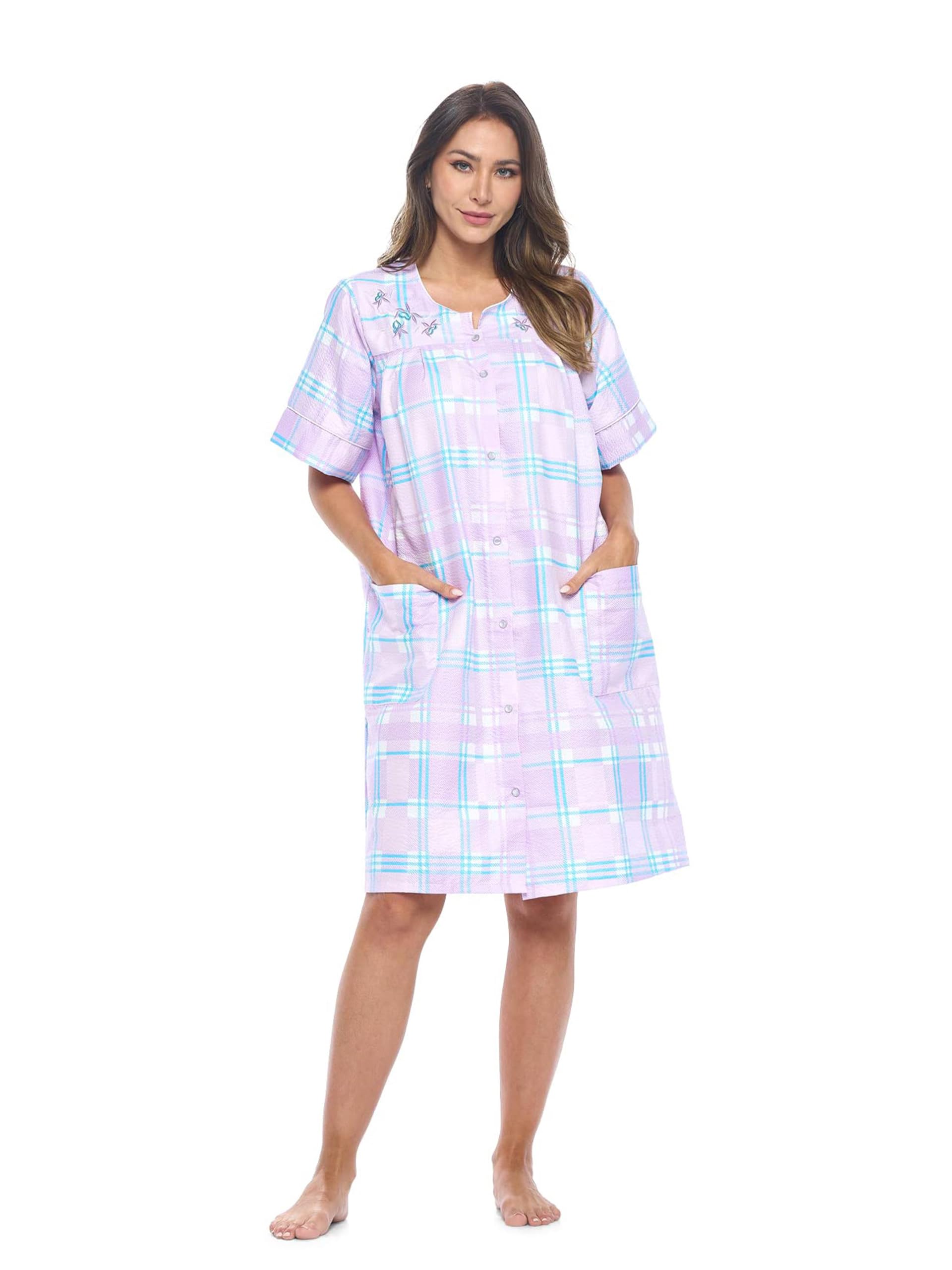 Casual Nights Women's Snap - Front House Dress Short Sleeve Woven Housecoat Duster Lounger Robe with Pockets