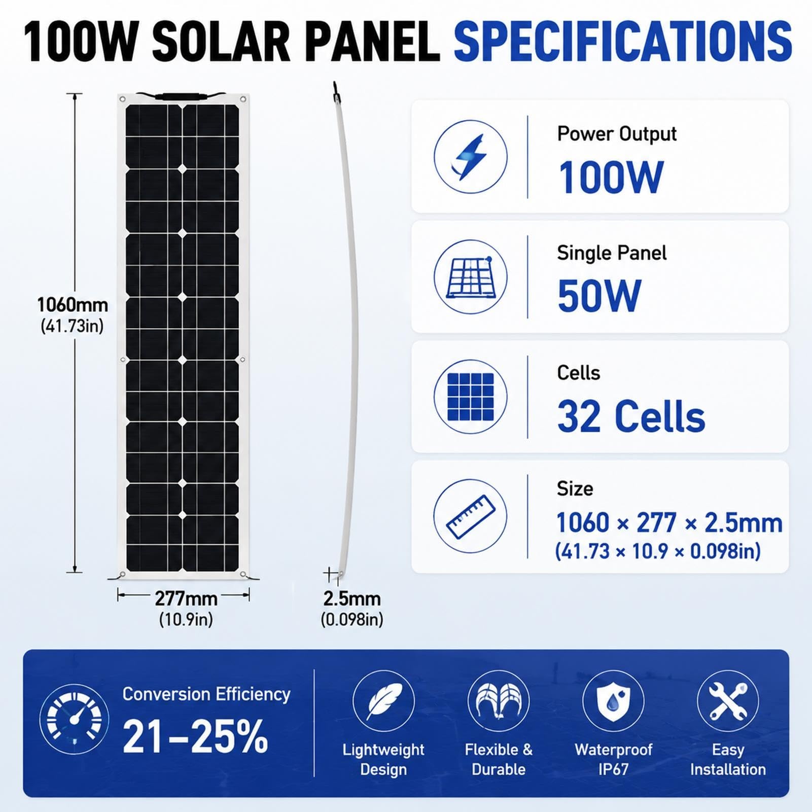 Panel Fotovoltaico Flexible 100W,Caja de Conexiones IP67 Impermeable
