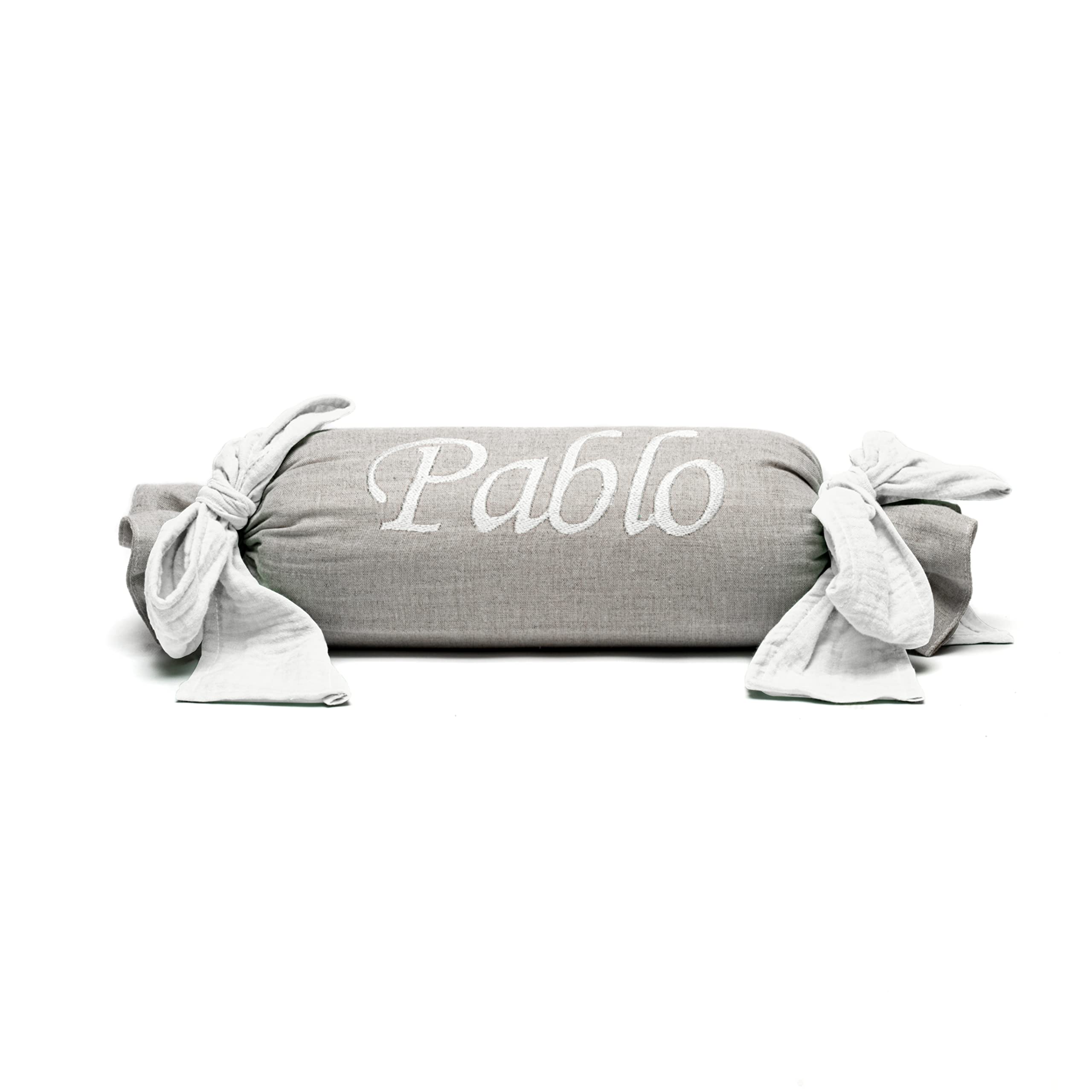 Nenel Cojín Decorativo para Cuna o Carrito Personalizado – Caramelo bebé con Nombre - Rulo recién Nacido Bordado - Lino y Bambula (Blanco)