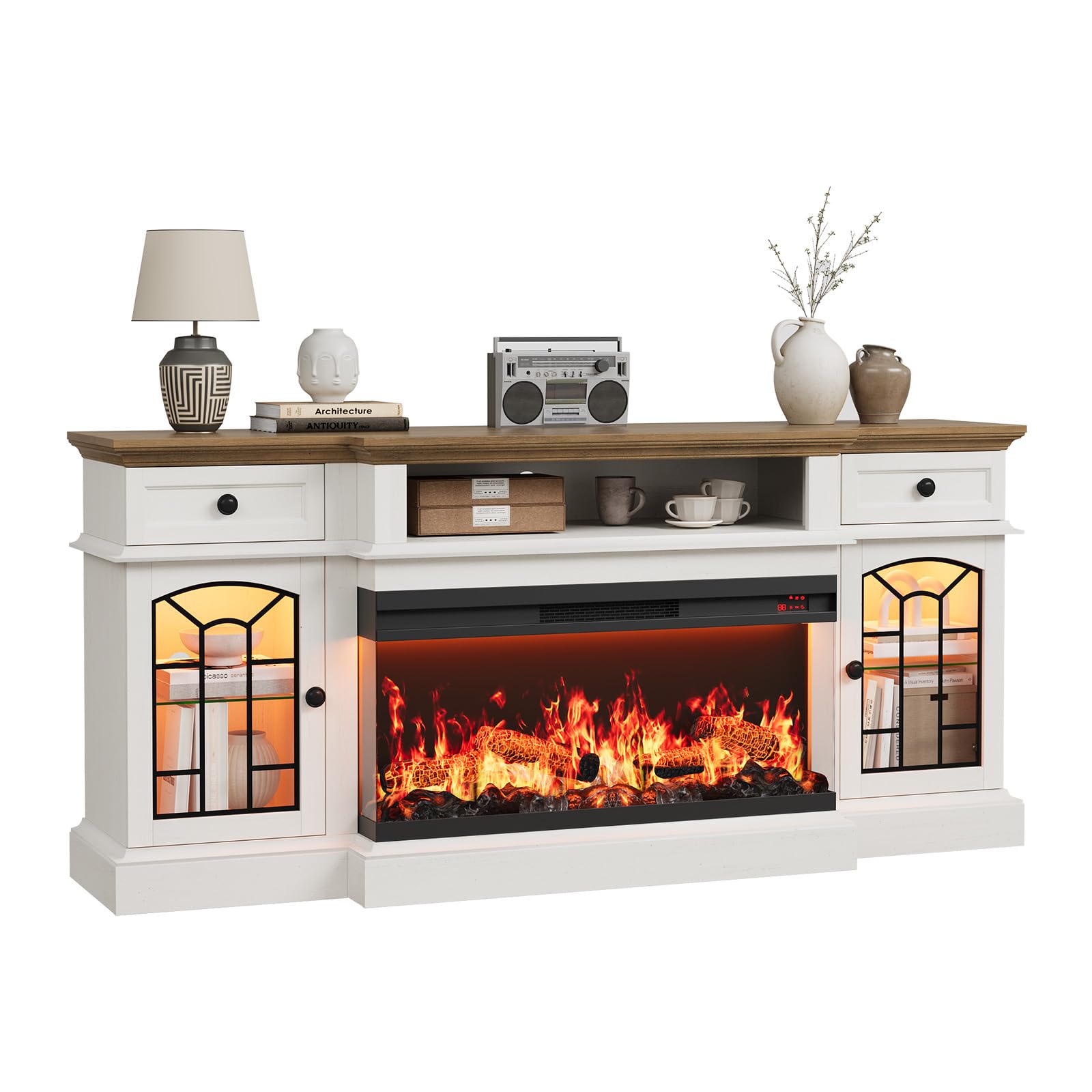 QUW 70" Farmhouse Fireplace TV Stand for TVs up to 80", Entertainment Center with 36" 3-Side Glass Electric Fireplace with Open Shelf and Cabinet, TV