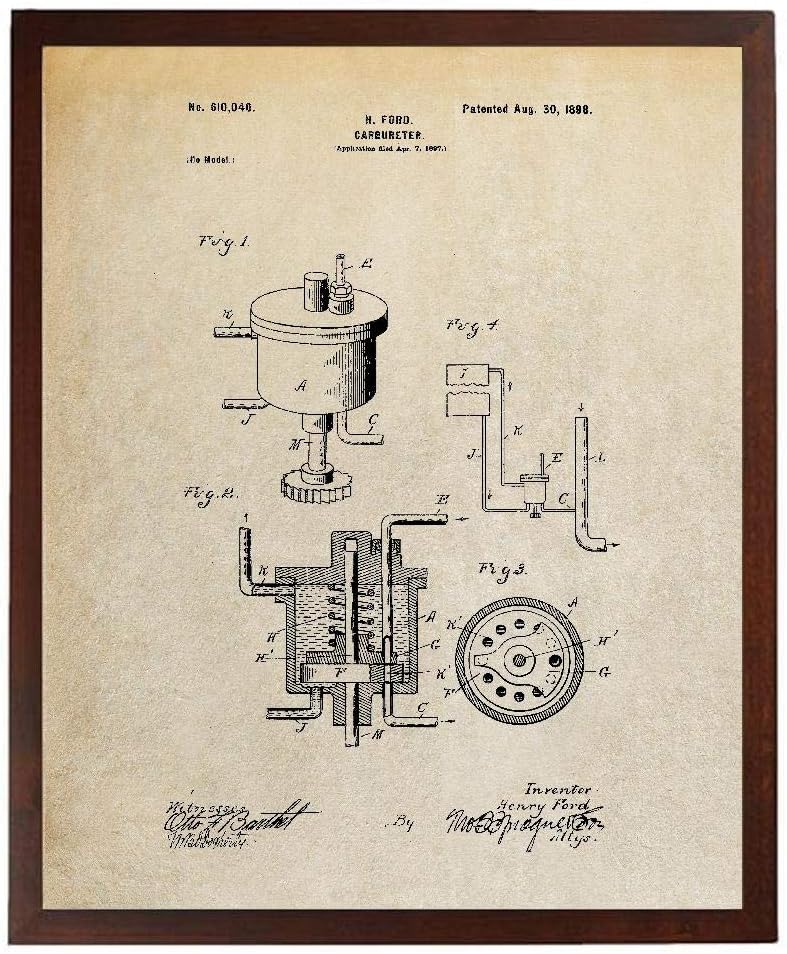 Carburador 1898 Patente Póster Henry Ford Arte Automotriz Garaje Decoración Coche Parte Arte TDP382