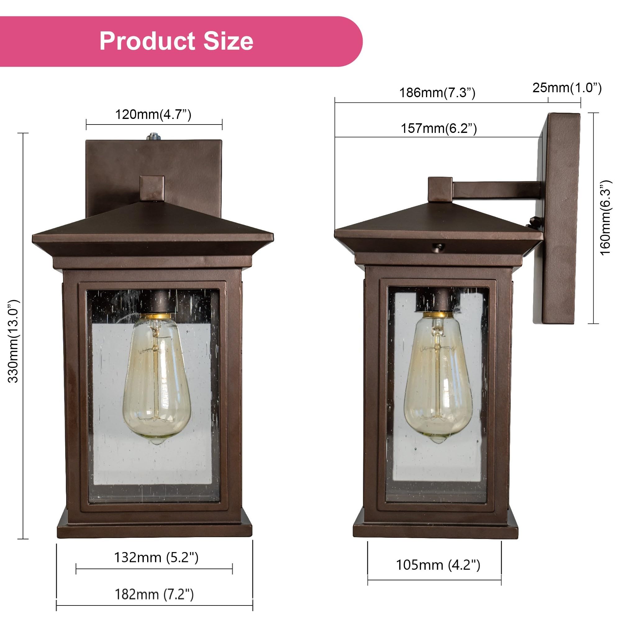 Dusk To Dawn Post Light, 24" High Outdoor Lamp Post Light Fixture With Pier Mount For Porch, Large Exterior Waterproof Post Lantern With Seeded Glass, 2 Pack, LMMS4610-M-2P