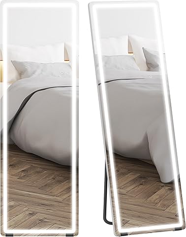 HOMCOM Espejo de Pie Cuerpo Entero con Luces, 150x50 cm, Espejo de Cuerpo Entero sin Marco, 3 Temperaturas de Color, Brillo Ajustable, Independiente, Apoyado y de Pared, para Dormitorio, Transparente