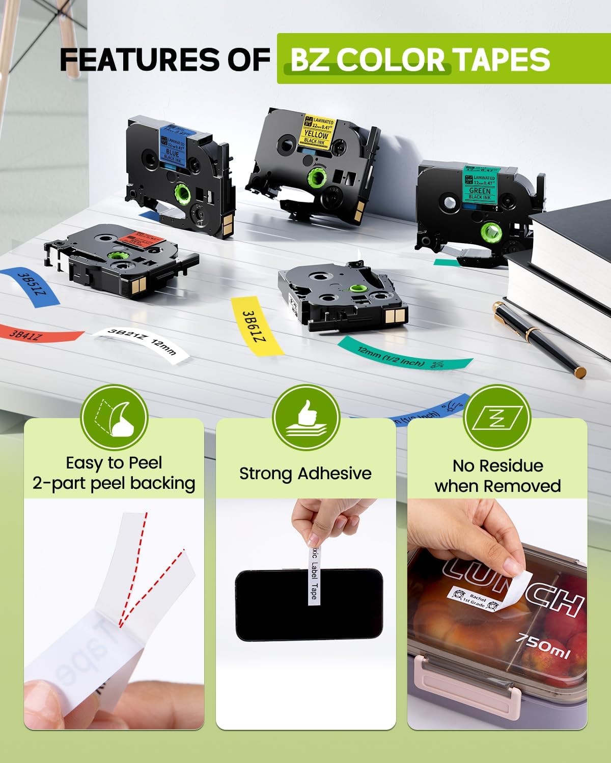 Vixic 12mm 0.47 Laminated Color BZ Tapes for H1100 D210S D480BT P780BT E1000 P3200 Labeler Compatible with Brother Ptouch PT-D210 PT-D220 PT-H110 PT-D600 D400 Label Maker, White/Red/Blue/Yellow/Green - Image 4