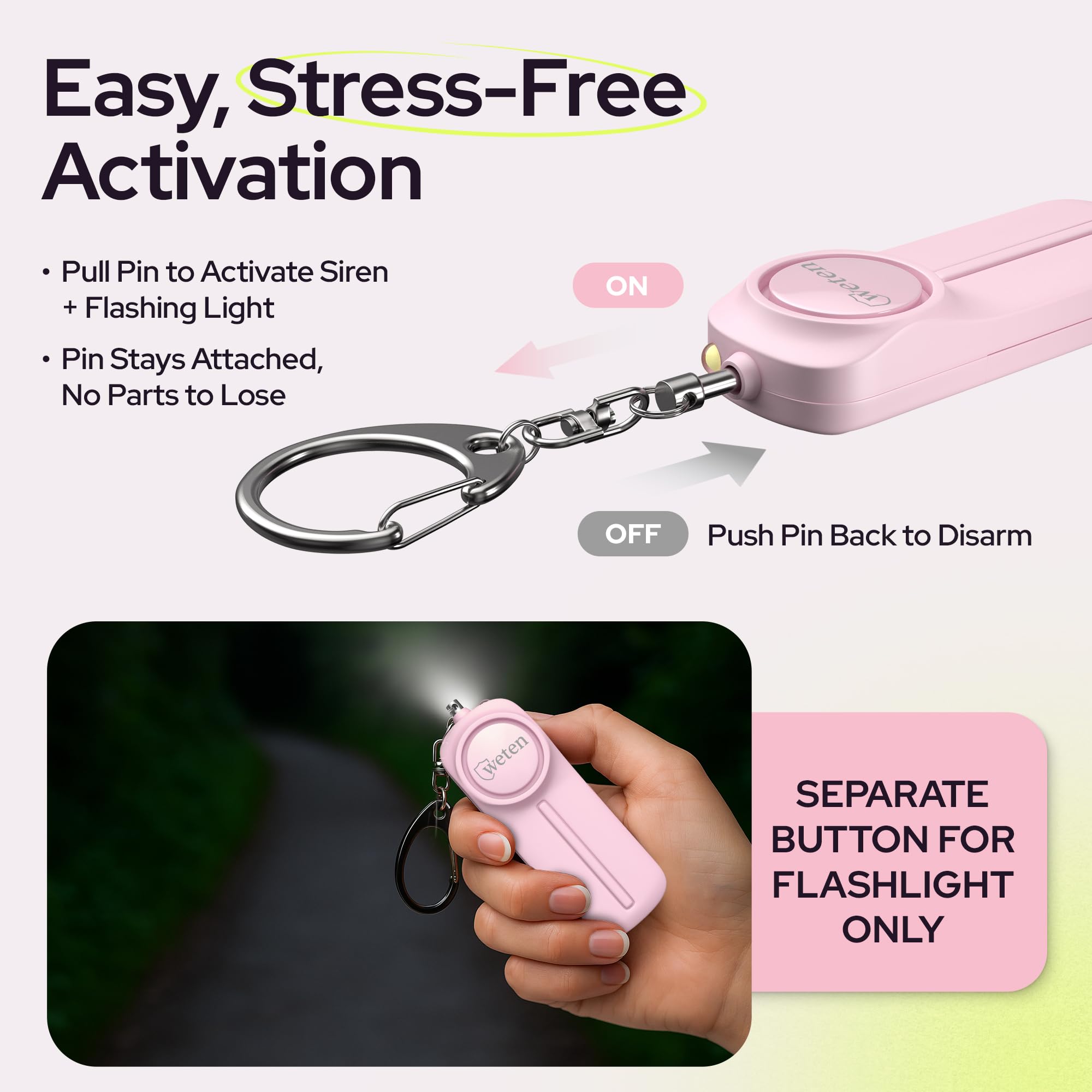 Weten Lot de 3 porte-clés sirène de sécurité avec alarme puissante pour femme – Dispositif d'alerte personnelle avec lumière LED – 130 dB – Sifflet de sécurité d'urgence – Porte-clés WETEN, noir et