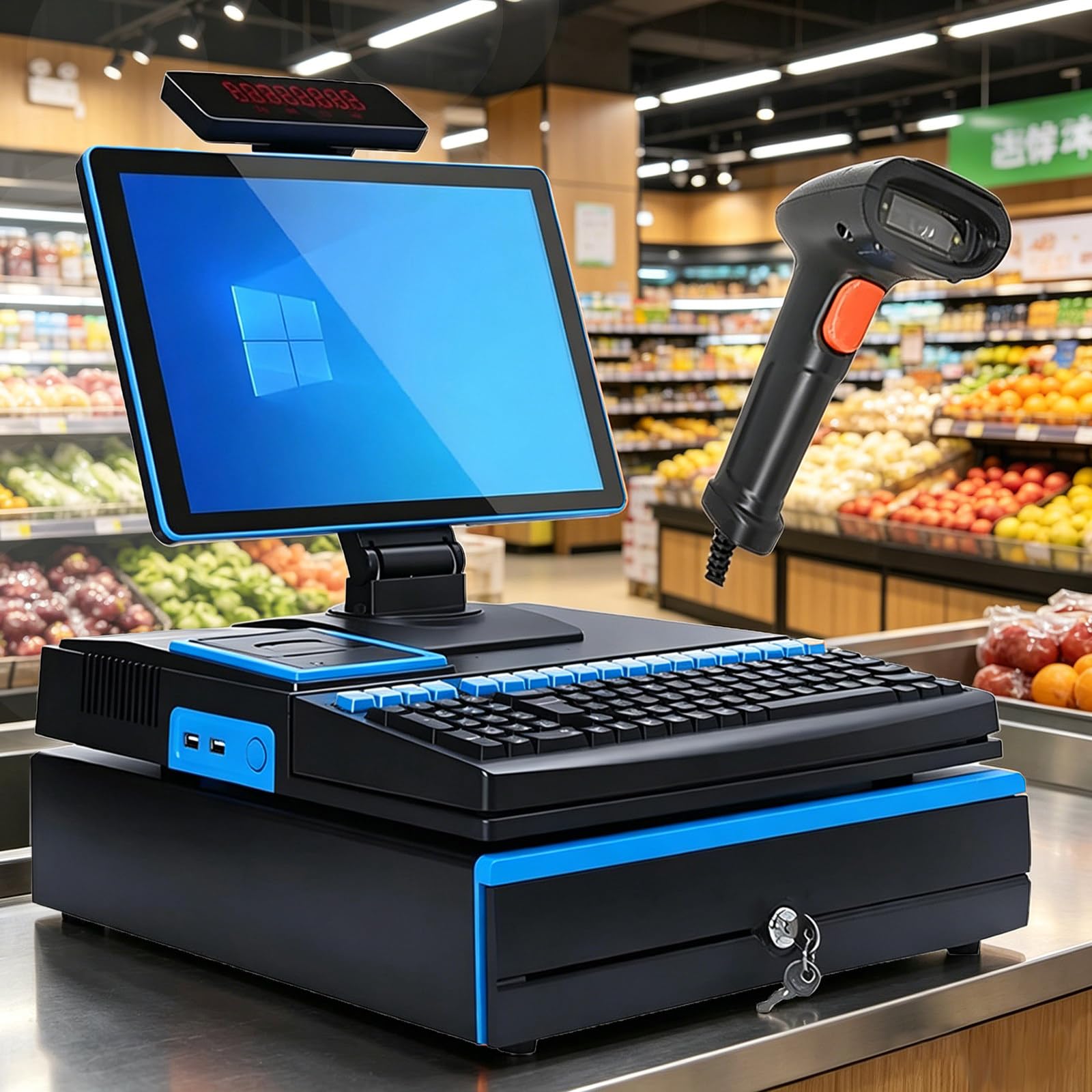 Terminal de Point de Vente avec Scanner, Caisse enregistreuse Intelligente, imprimante Thermique 58mm intégrée, tiroir-Caisse, i5/8Go/128Go, Windows 10 – pour Boulangerie, supermarché Blue