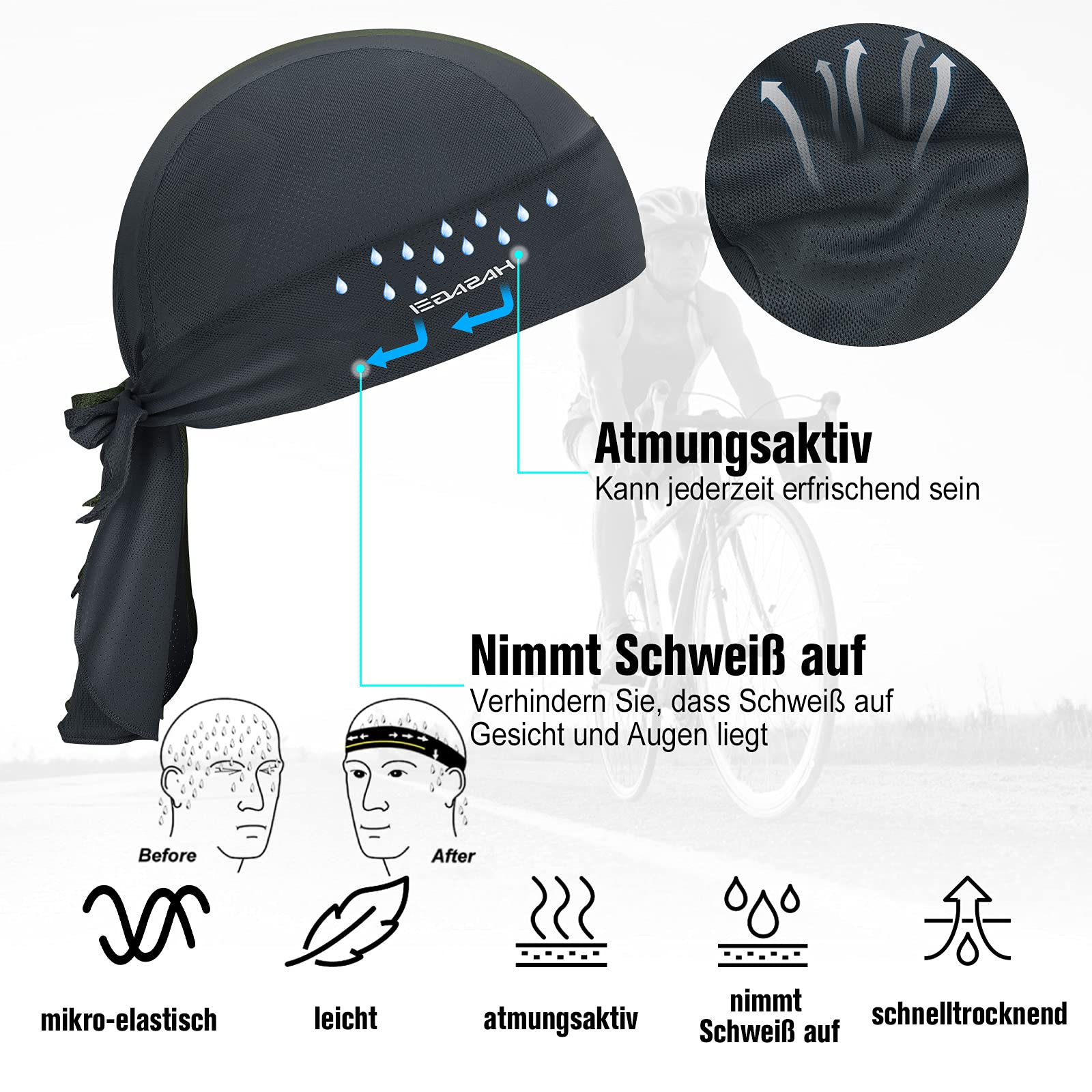 HASAGEI Sportowa bandana Cap Durag Bandana Chustka na głowę Rowerowa Nakrycie głowy Oddychająca, wchłania pot
