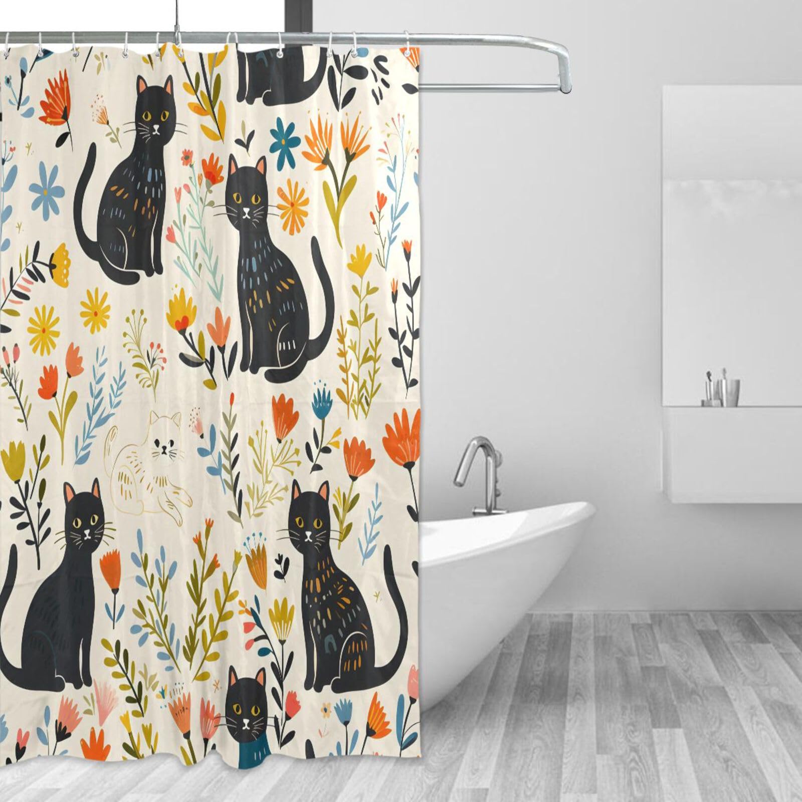 DUOBU Cat Flowers Shower Curtain Washable Waterproof Fabric Bath Curtain 60x72Inch Shower Curtains with Hooks for Bathroom Decor
