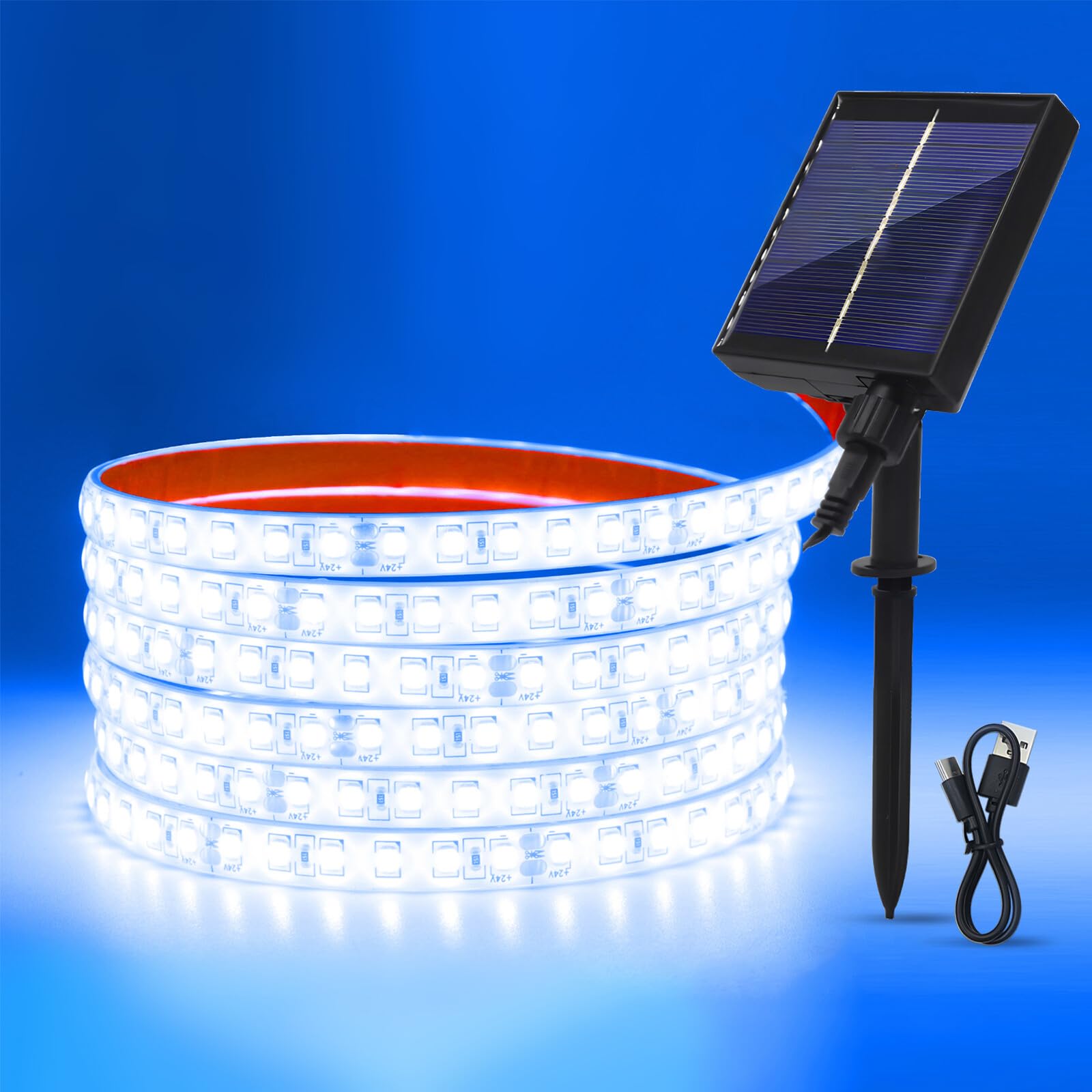 GQL 24V Solar/USB LED Strip Lights - IP68 Waterproof 2835 SMD 120LEDs/m, 8-Mode Controller for Indoor Outdoor Decoration (Ice Blue,0.5m) — image 1