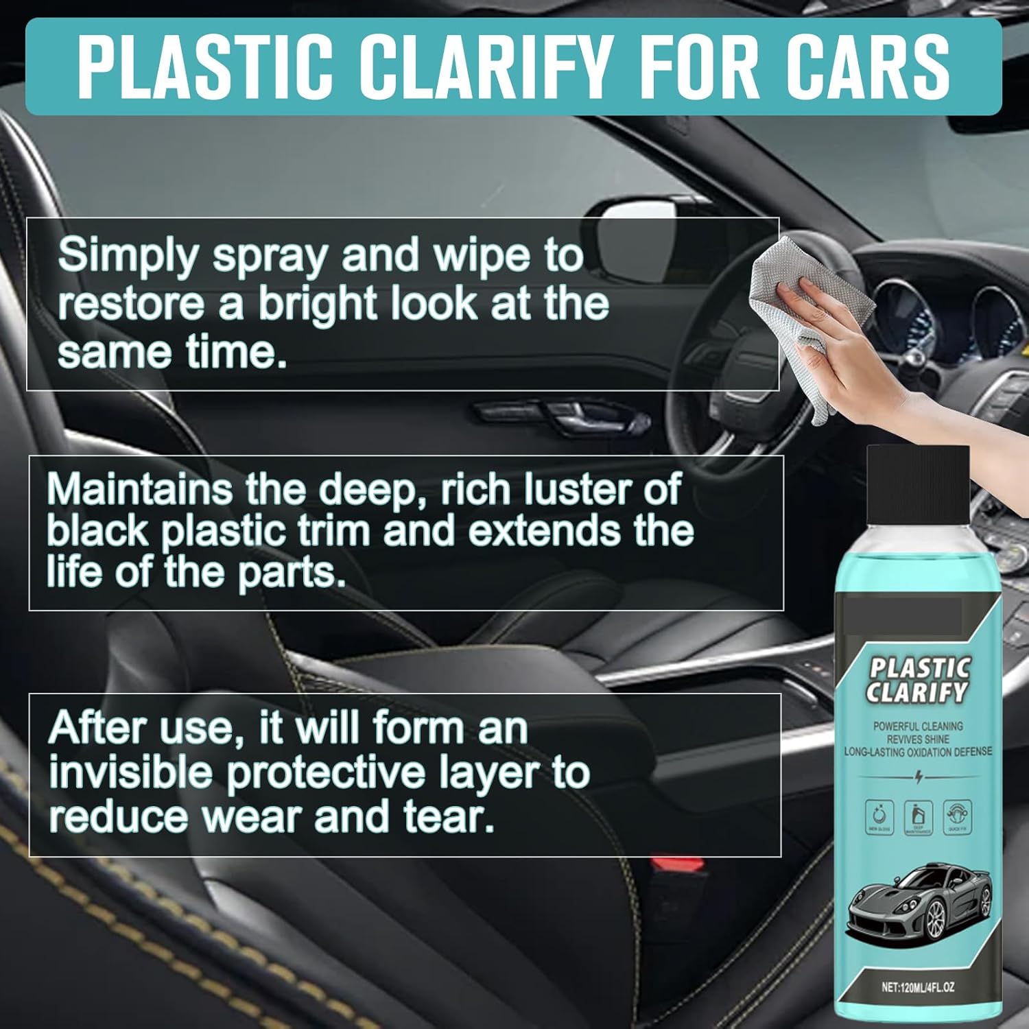 2PCS Plastic Clarify For Cars, Plastic Clarify, Waterless Spray Wax, All-In-One Detailer For Car Interiors & Exteriors, Plastic Rubber Leather Restorer For Cars 120 ML - Image 5