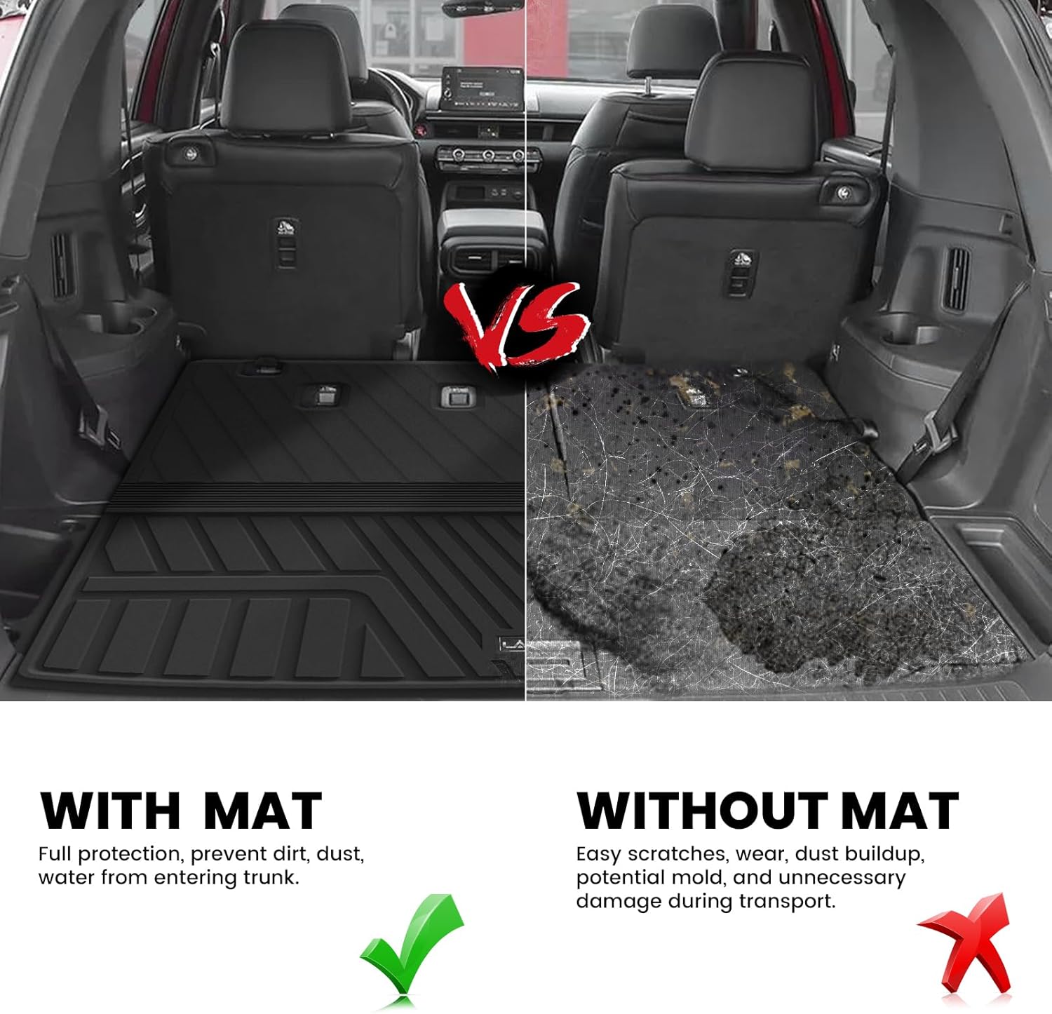 LASFIT Cargo Mat with Backrest Mat for Honda Pilot 2023 2024 2025 2026, Split & One-piece Foldable Seating TPE Custom Fit Trunk Mat Cargo Liner with Seatback Mat Accessories, Black