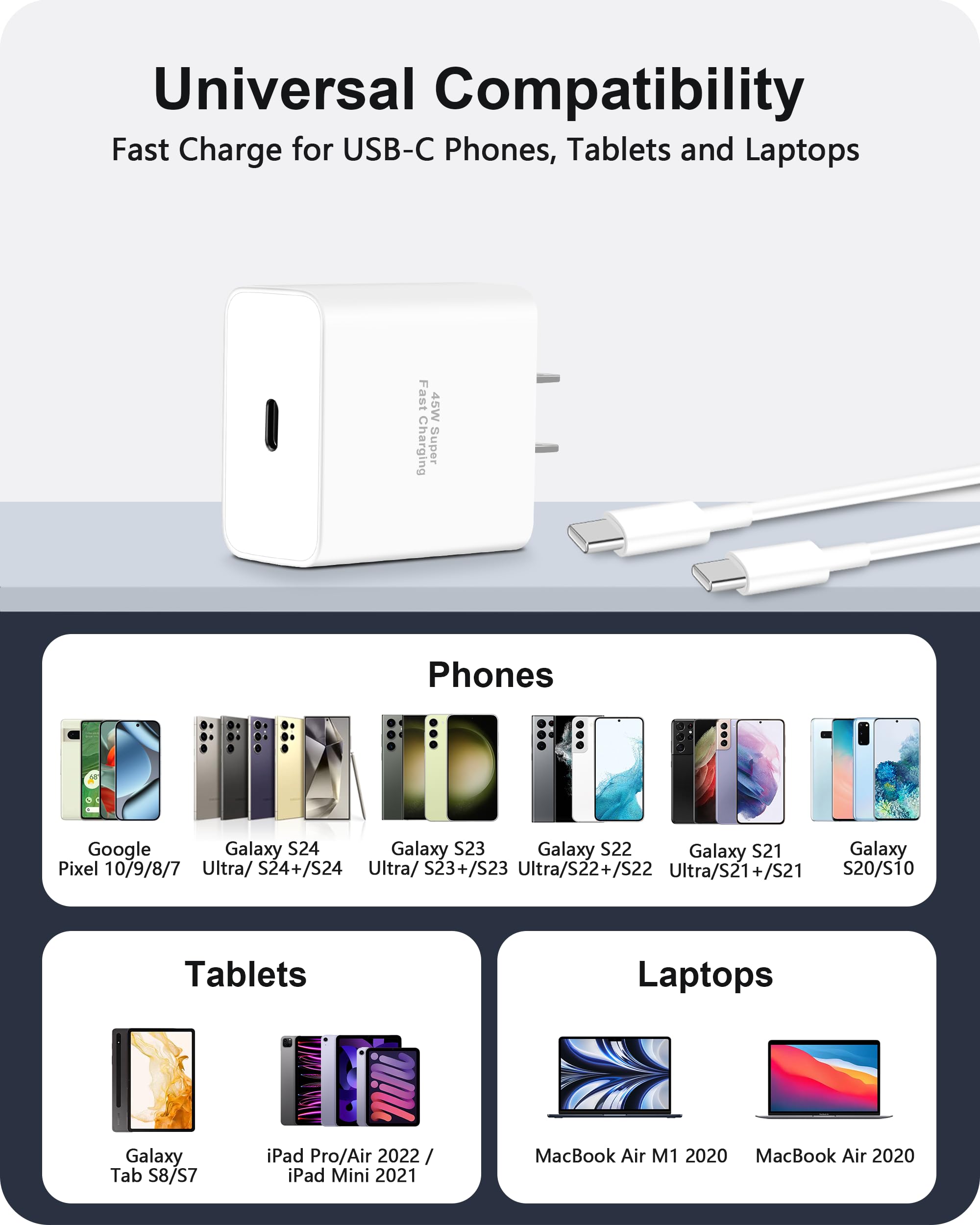 45W USB C Pixel 10 9 Charger, Type C Super Fast Charging Wall Charger Block & 6FT USB-C to C Cable for Google Pixel 10/10 Pro/10 Pro XL/9/9 Pro XL/Fold/8/8a/8 Pro/7/6/5, iPhone 16/15 Pro Max, Android