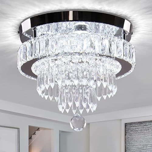 Miniatura 7 de Candelabro de cristal moderno semiempotrado para techo, lámpara LED para dormitorio, comedor, entrada, sala de estar (6500 K, blanco frío)